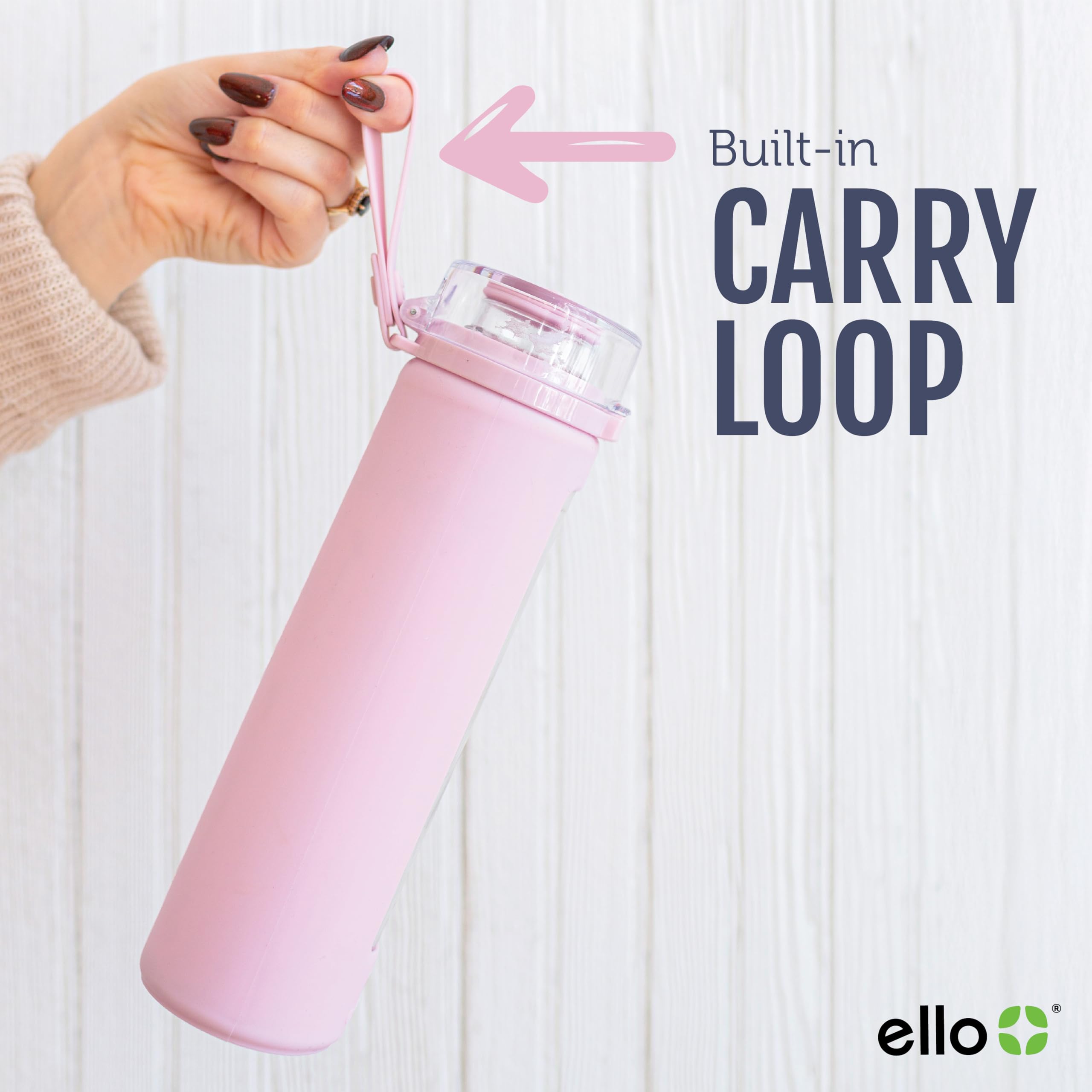 Ello Syndicate 20oz Reusable Glass Water Bottle with One-Touch Leak Proof Flip Lid, Protective Non-Slip Silicone Sleeve, Carry Loop for Coffee, Tea and Water, BPA-free, Dishwasher Safe, Cashmere Pink