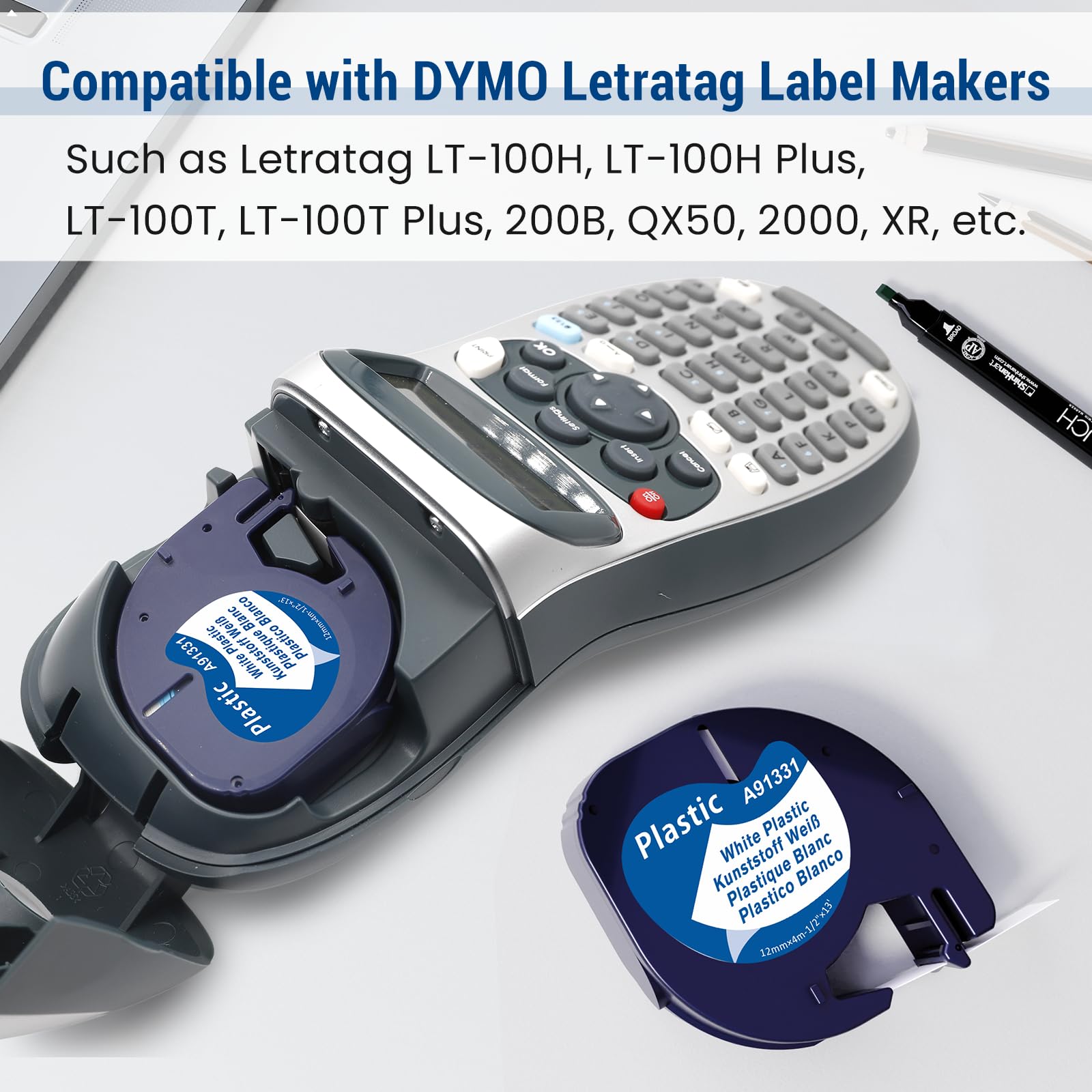 Compatible with Dymo LetraTag Refills Plastic White 91331 12mm x 4m LT Label Tape for DYMO Letra Tag LT-100H LT-100T Plus 200b QX50 Label Maker, 5-Pack,1/2'' x 13'