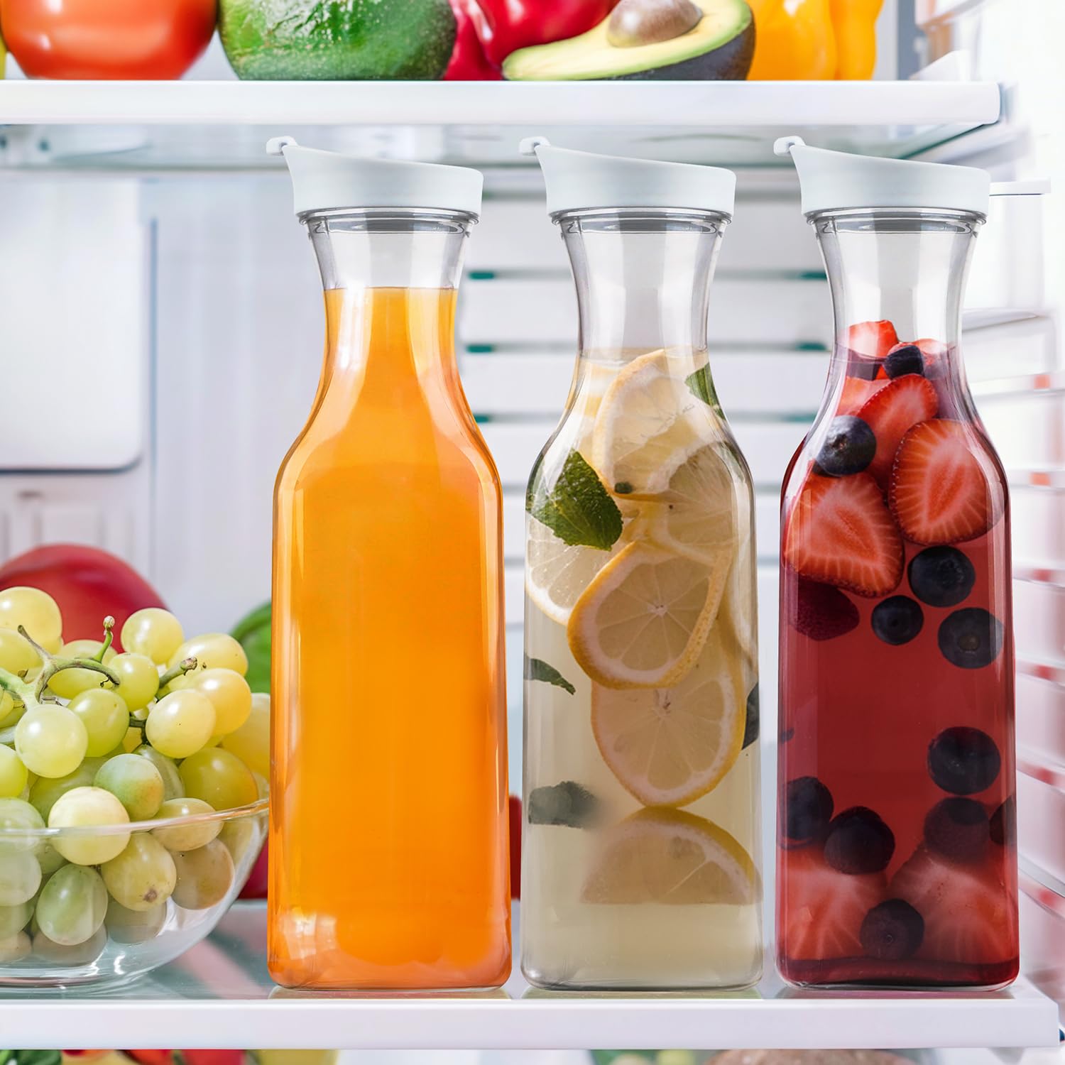 Gusto [50 oz - 4 Pack] Carafe with Lid, Large Capacity Square Base - Clear Pitcher with Flip Top Lid, Easy-Pour Spout Juice Containers with Lids, Hand Wash Only - Perfect for Mimosa Bar
