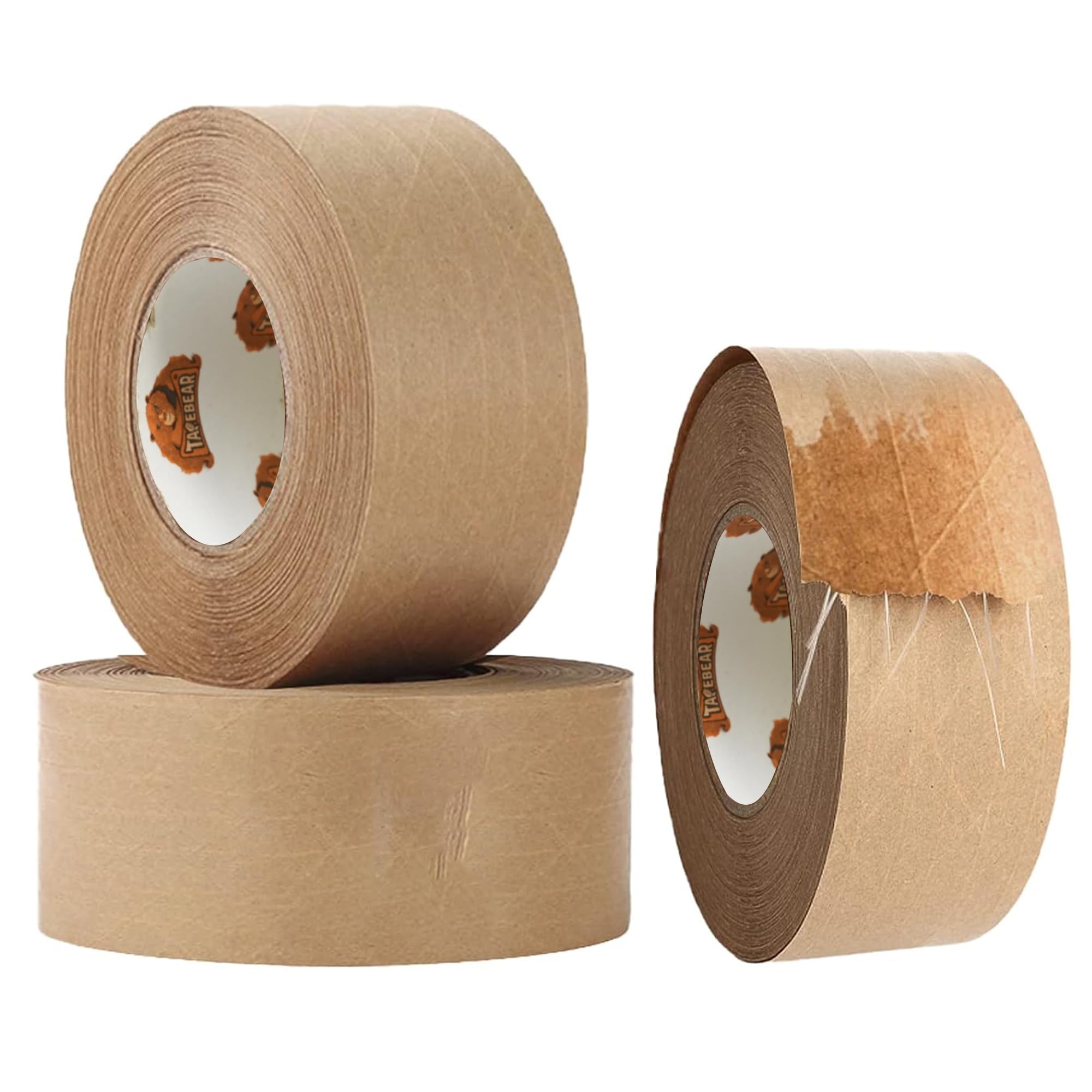 TAPEBEAR Water Activated Tape, Fiber Reinforced Gummed Tape 2inch x 165ft, Eco-Friendly Kraft Paper Tape Biodegradable Brown Packing Tape for Security Sealing, Heavy Duty Packaging and Shipping,3Rolls