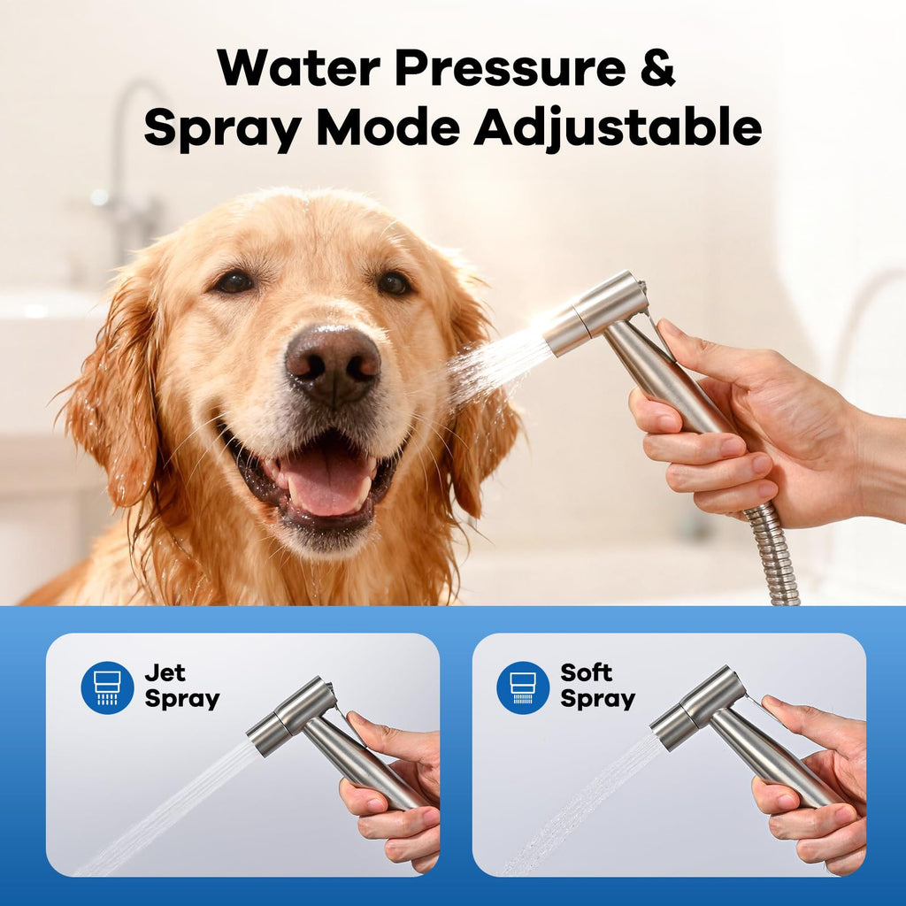 Handheld Bidet Sprayer Set for Toilet Stainless Steel Brushed Nickel Full Pressure & Stainless Steel & Leakproof with Hose Great Water Pressure for Bathing Pets, Personal Hygiene