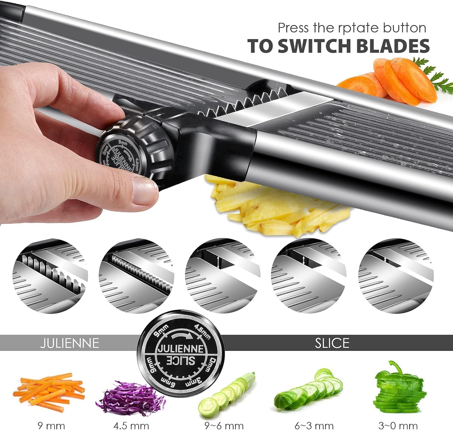 Rotatable Thickness Dial Mandoline Slicer for Kitchen - Anti-Slip Base Vegetable Slicer with Finger Guard & Cut-Resistant Glove – Stainless Steel Body Vegetable Cutter (Premium)