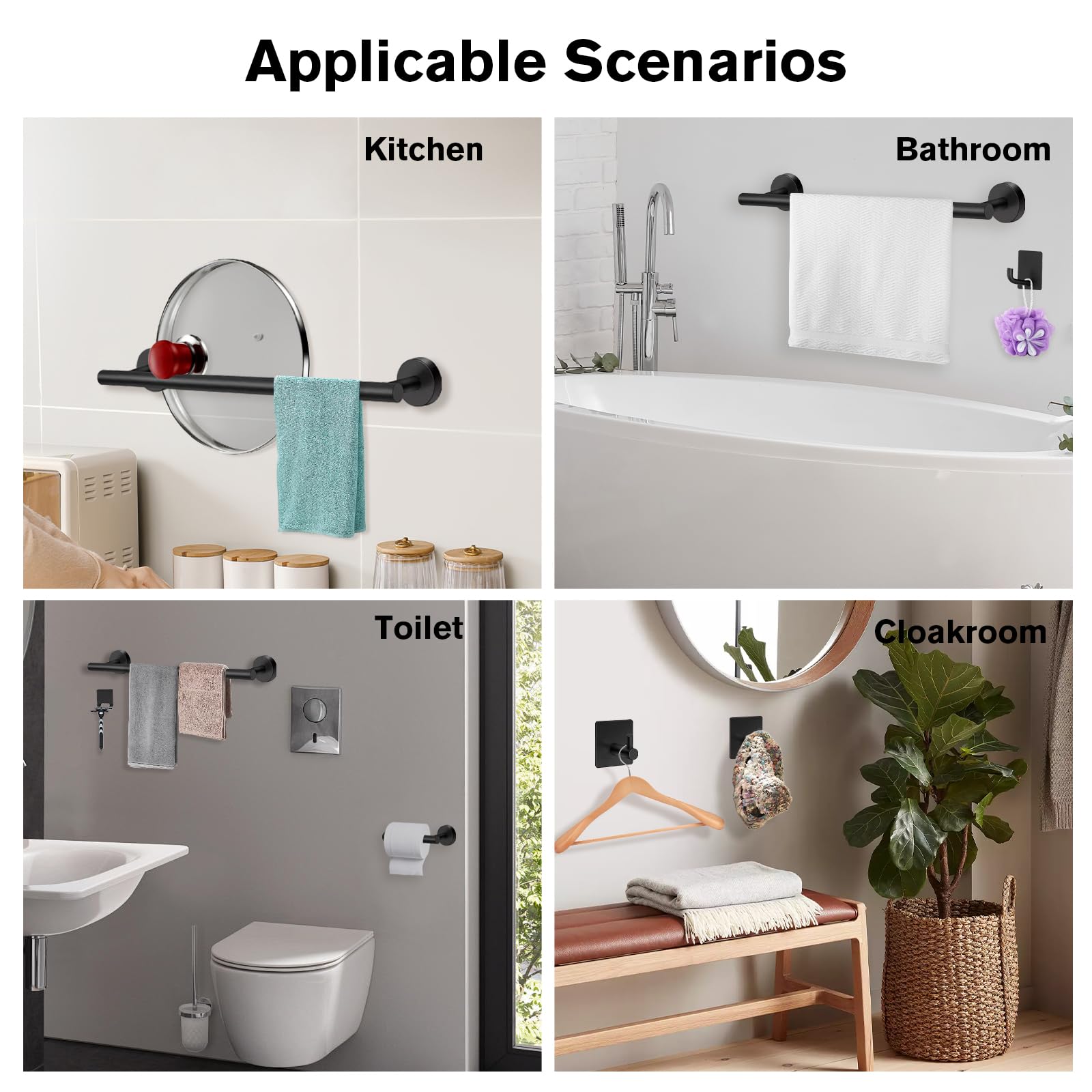 H Hawsam 8pcs Bathroom Accessories Set Black Towel Rack Bathroom Set Include 15.75'' Bathroom Towel Holder,Toilet Paper Holder,Towel Ring,Towel Hooks,SUS304 Stainless Steel Bathroom Hardware Set