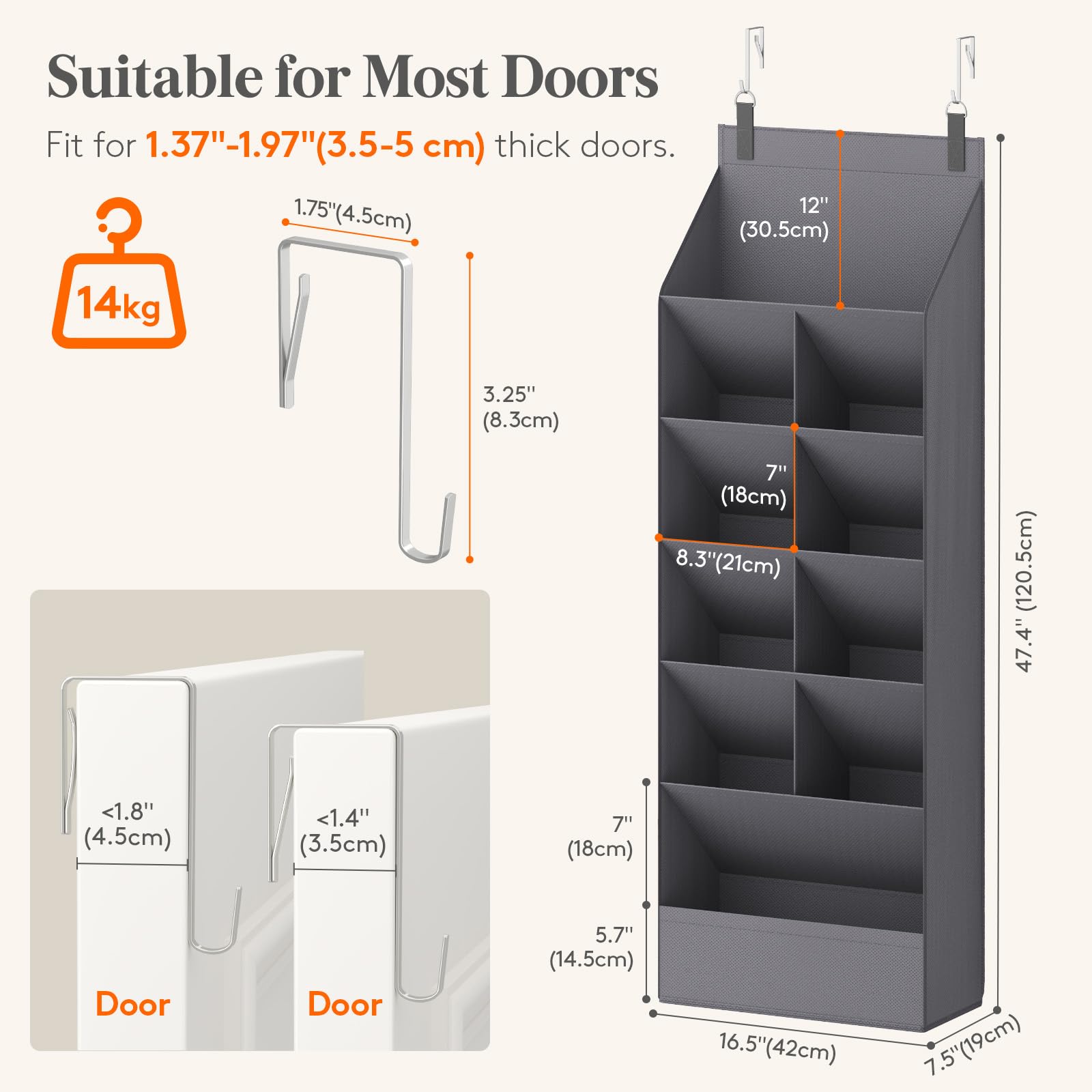 Lifewit Over The Door Shoe Organizers, Hanging Shoe Rack with 11 Large Pockets, 5 Layers Shoe Holder for Closet Door Storage Includes Boots, Toys, Water Bottles, Daily Necessities, 1 Pack, Grey
