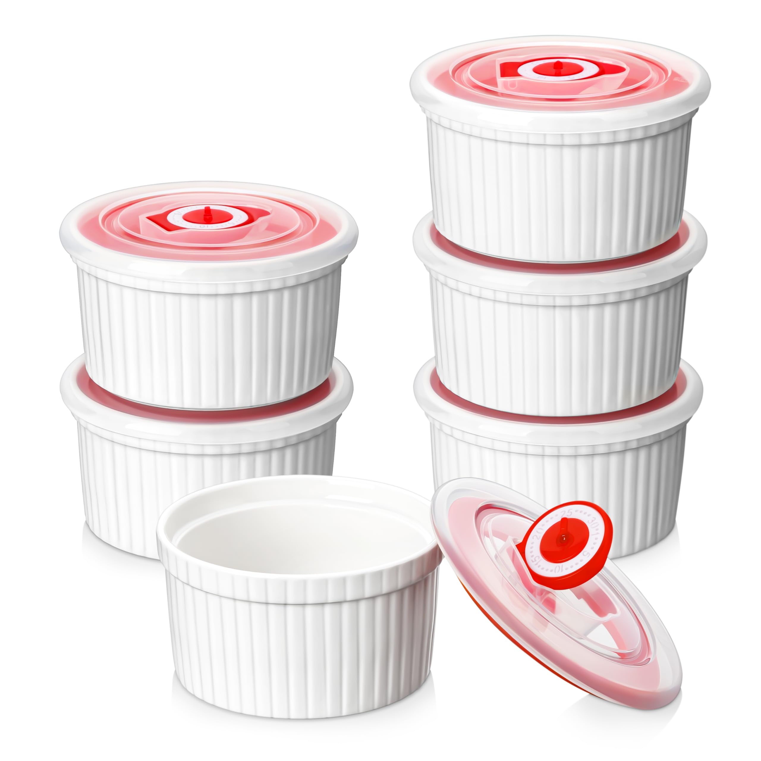 MALACASA 8 oz Ramekins with Lids, WhitePorcelain Creme Brulee Souffle Ramekins Ceramic Custard Cups Set of 6, Dishwasher and Oven Safe, Series RAMEKIN. DISH