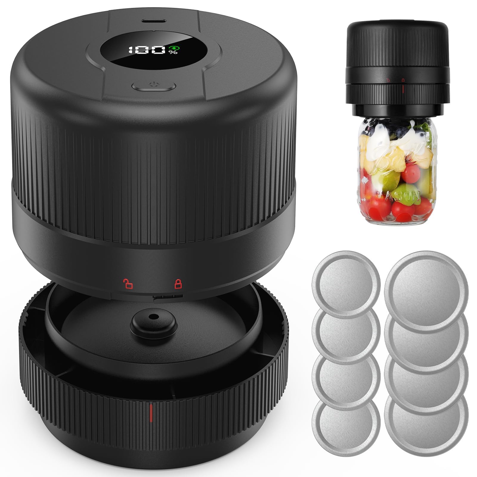 Yonktoo Electric Mason Jar Vacuum Sealer Kit with Auto-Stop Cordless One-Button Vacuum Sealer for Wide & Regular Mouth Jars, LED Display, Includes 8 Lids for Food Storage & Canning