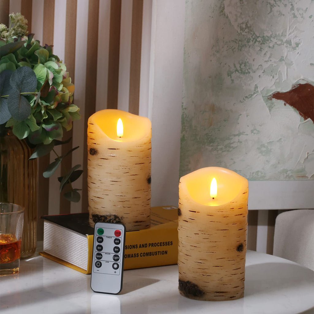 Flameless Candles LED Candles Birch Bark Effect Set of 2 (D:3.25" X H:6") Ivory Real Wax Pillar Battery Operated Candles with Dancing LED Flame 10-Key Remote Control and Cycling 24 Hours Timer