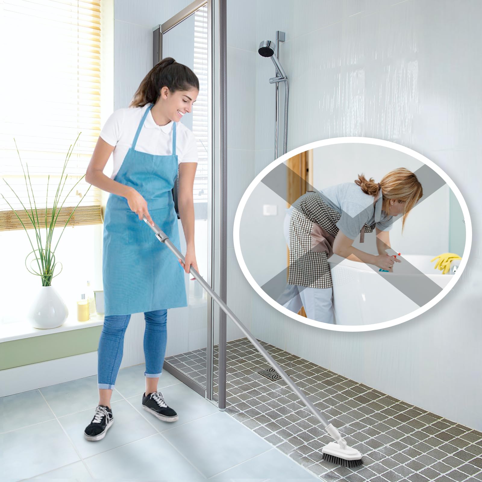 Mitclear Floor Scrub Brush, 3-in-1 Shower Scrubber Tub Tile Floor Cleaner with Adjustable Handle(53IN), Long Floor Cleaning Brush with 3 Detachable Heads for Bathroom Kitchen Tub Tile Floors Walls
