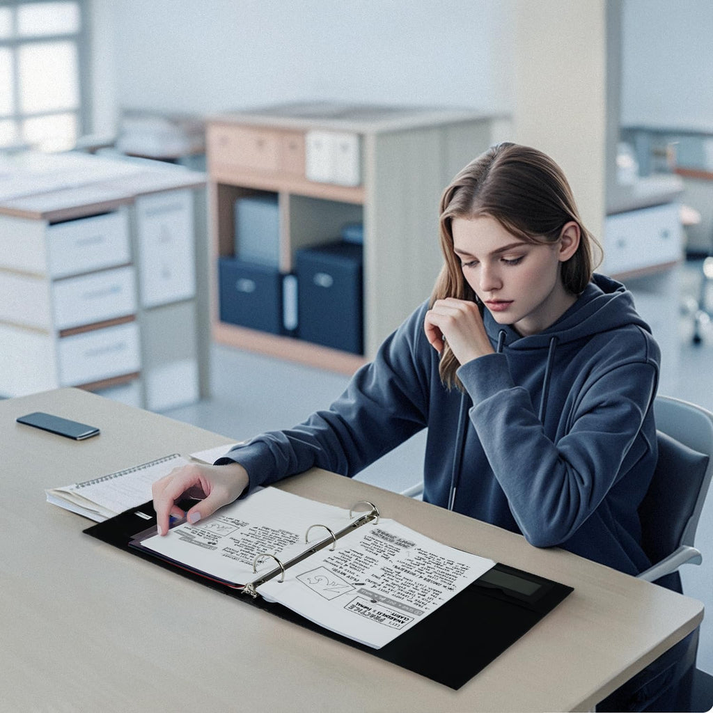 POPRUN PU Leather 3 Ring Binder, Professional Business Organizer- Includes PP Dividers, 100GSM / Grade AA Filler Papers, Card &Sticker for Tab- Ideal for Office Presentation Meetings