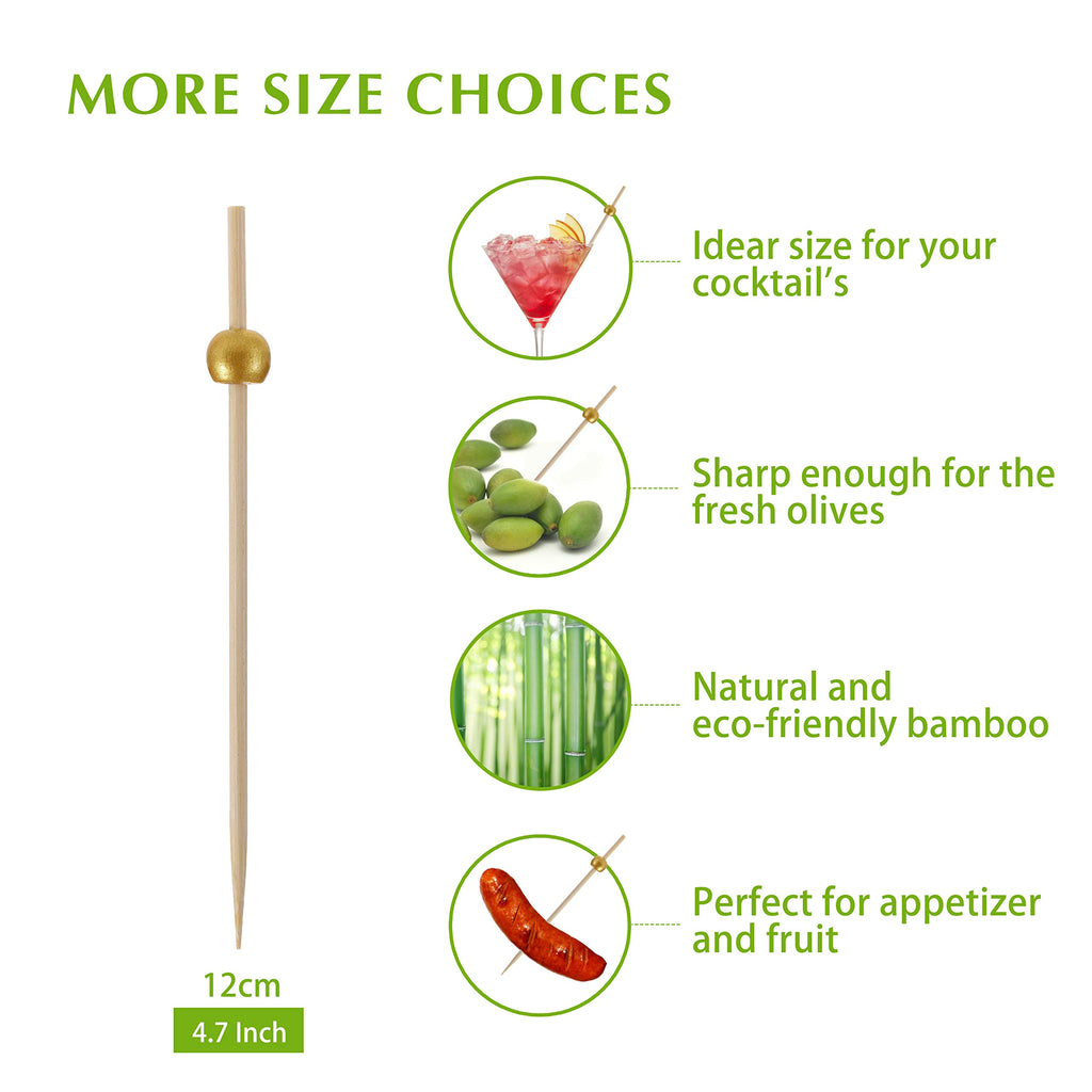 600 Pcs Cocktail Picks, 12 cm Toothpicks for Appetizers, Bamboo Cocktail Sticks Skewers for Drinks, Desserts, Charcuterie, Wedding Party Fancy Toothpicks, Gold Pearl Mini Food Picks Decorative