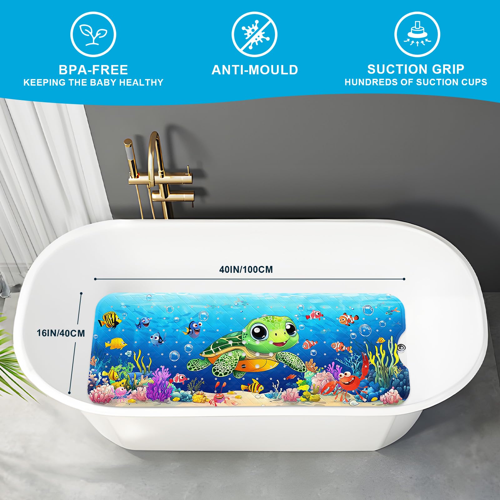 XIYUNTE Baby Bath Mat for Tub Non Slip Kids Bath Mat - 40''x16'' Extra Long Kids Bath Tub Mat Non Slip, Eco-Friendly Toddler Bath Mats with Suction Cups for Secure Grip, Easy to Clean & Easy Drying