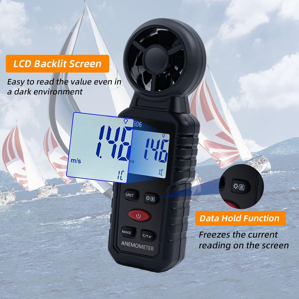 Mcbazel Anemometer, LCD Display, High Accuracy, °C and °F Display, Easy Operation, MAX/MIN/AVG Function, Anemometer Measures 1-12, Japanese Instruction Manual Included - Black