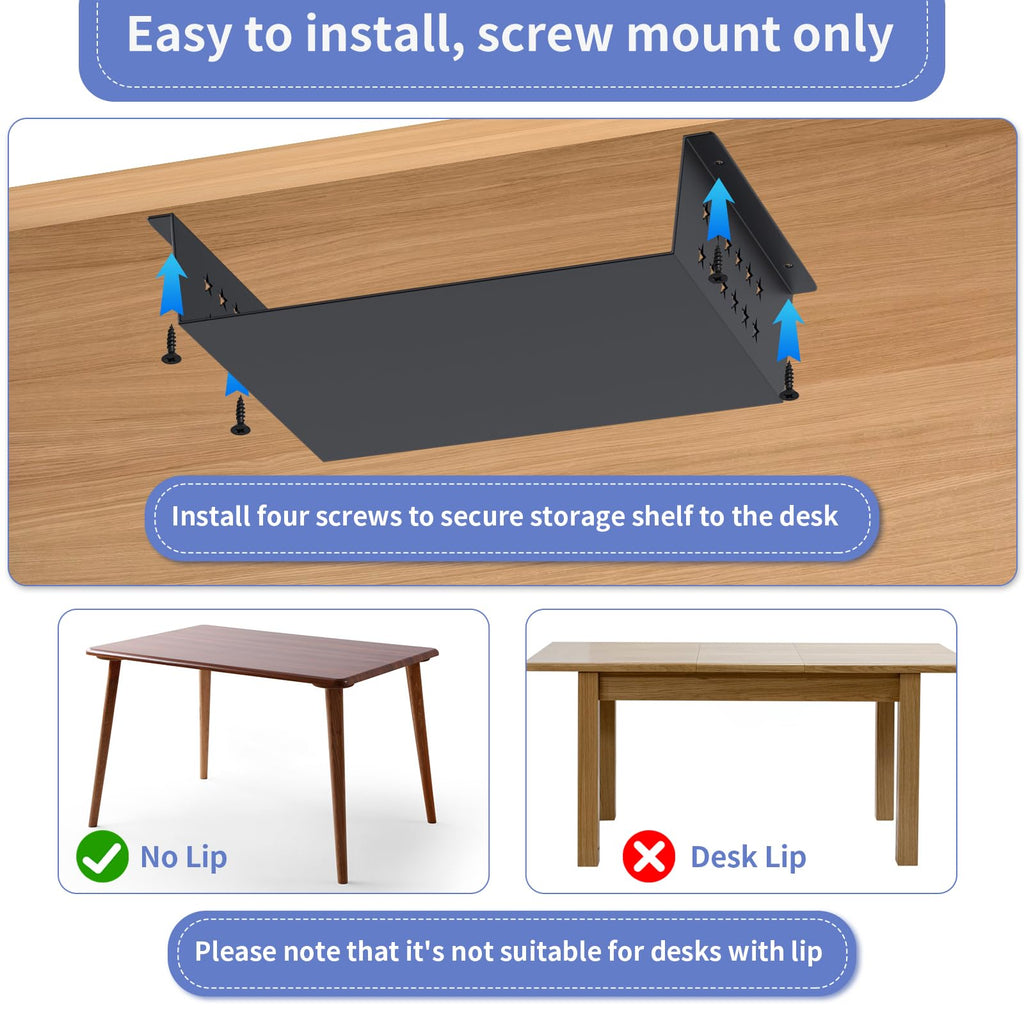 MOLIGOU Under Desk Storage Shelf, Under Desk Tray with Stick-On Felt Pad, Screw Mount Under Table Hidden Storage for Home Office, Kitchen Cabinet