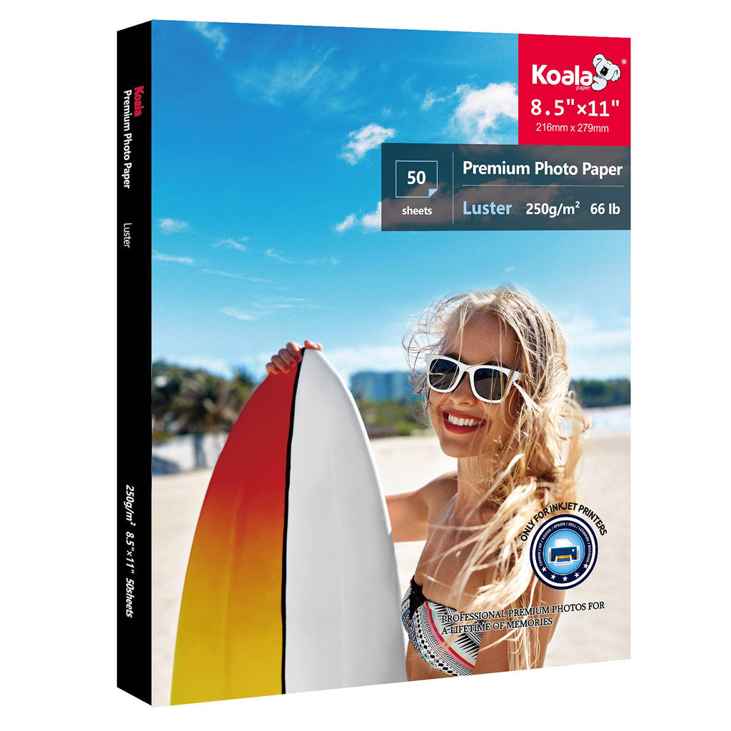 Koala Premium Photo Paper 8.5 x 11 in Luster Photo Printer Paper for Inkjet Printer Water-Resistant Soft Gloss 66lb 50 Sheets