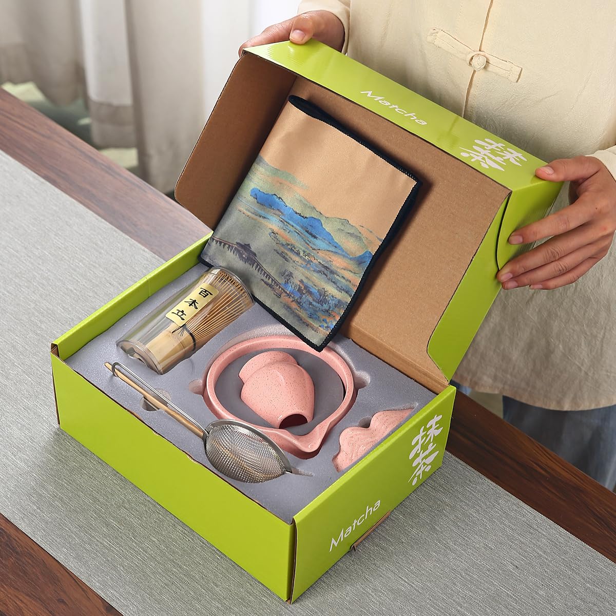 Matcha Tea Ceremony Set with Pink Ceramic Bowl, Bamboo Whisk, Strainer and Mat, 7-Piece Traditional Japanese Style