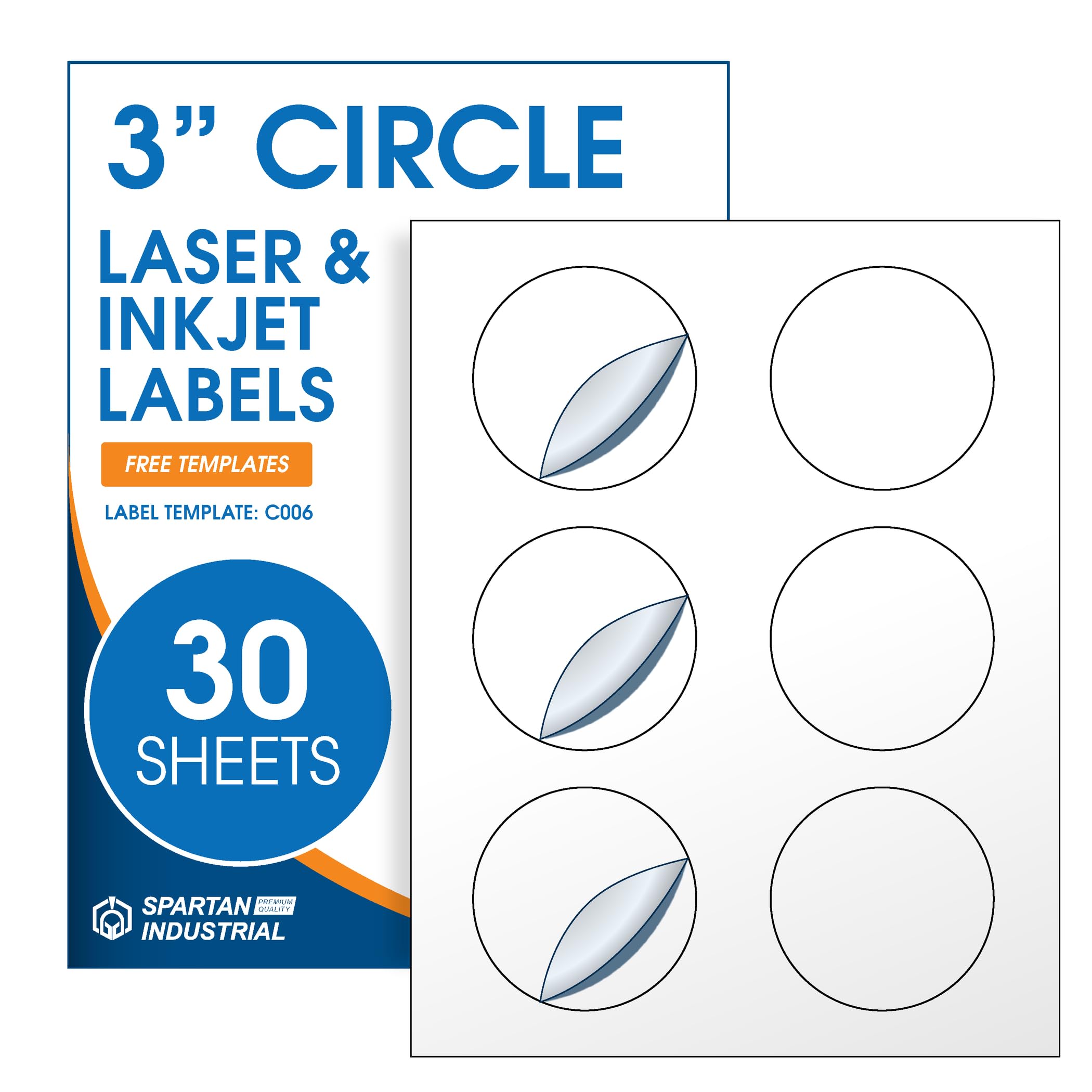 3" Circle Printable Labels Compatible with Inkjet and Laser Printers - 30 Sheets, 180 Matte White Round Stickers for Product Labeling, Organizing, and Custom Tags - Spartan Industrial Template C006