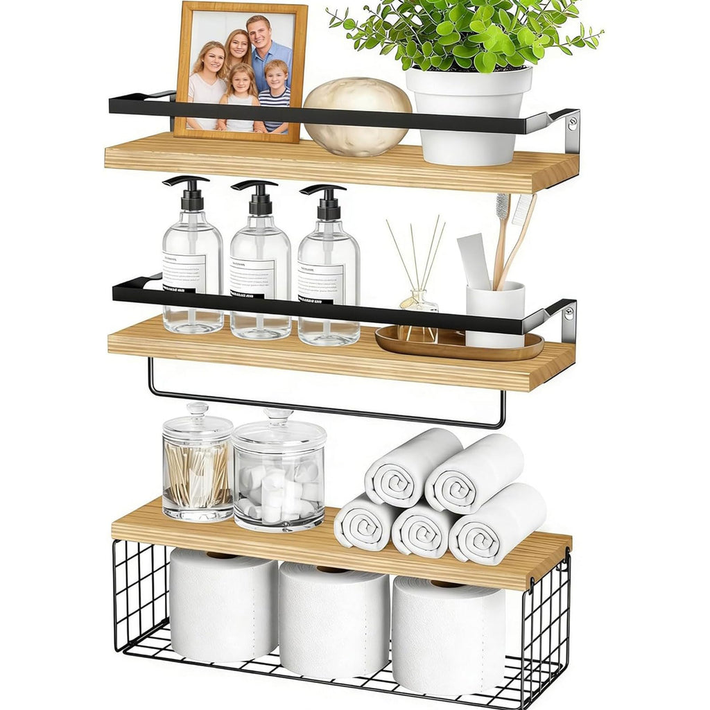 Pack of 3 Bathroom Shelves Wall Mounted Floating Shelf Over Toilet with Towel Holder & Metal guardrails & Storage Basket for Toilet Paper Rustic Wood Corner Decor Organizer for Kitchen (Brown)