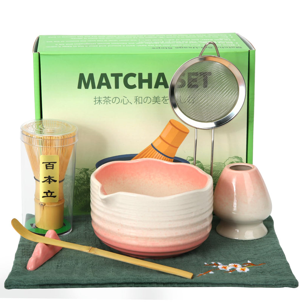 Ceecysaa Matcha Whisk Set, 7 Pcs Matcha Set, Matcha Kit for Ceremony, Matcha Tea Set for Making Breakfast/Matcha Latte, Matcha Whisk and Matcha Whisk and Bowl, As A Gift, Gradient Pink