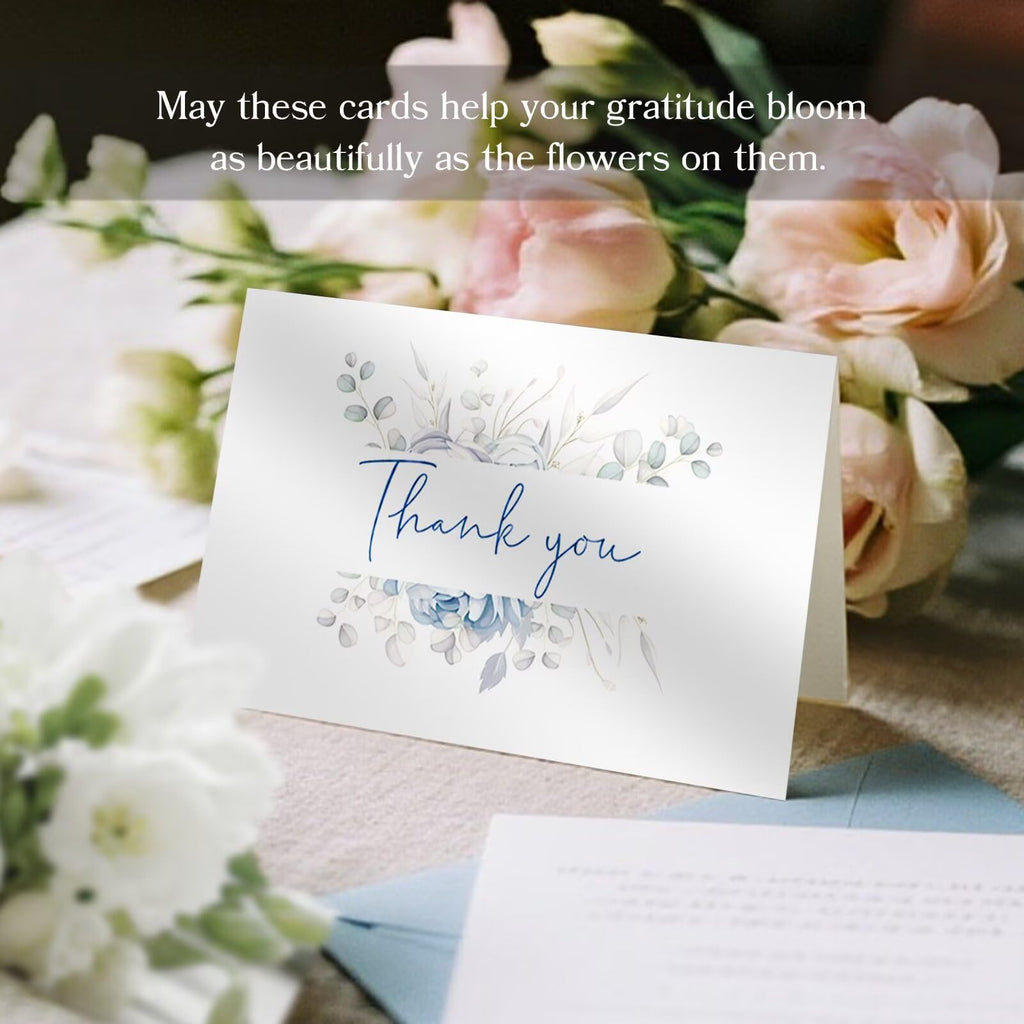 Oaken Leaford 48 Pack Pre-Folded Floral Thank You Cards with Envelopes & Stickers, 6 Elegant Flower Designs for Wedding, Baby Shower, Teacher Gifts(Blue Floral)