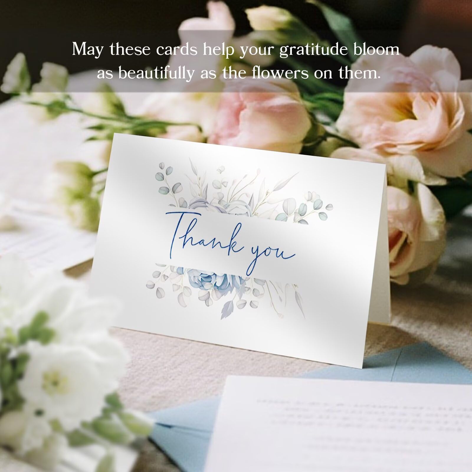 Oaken Leaford 48 Pack Pre-Folded Floral Thank You Cards with Envelopes & Stickers, 6 Elegant Flower Designs for Wedding, Baby Shower, Teacher Gifts(Blue Floral)
