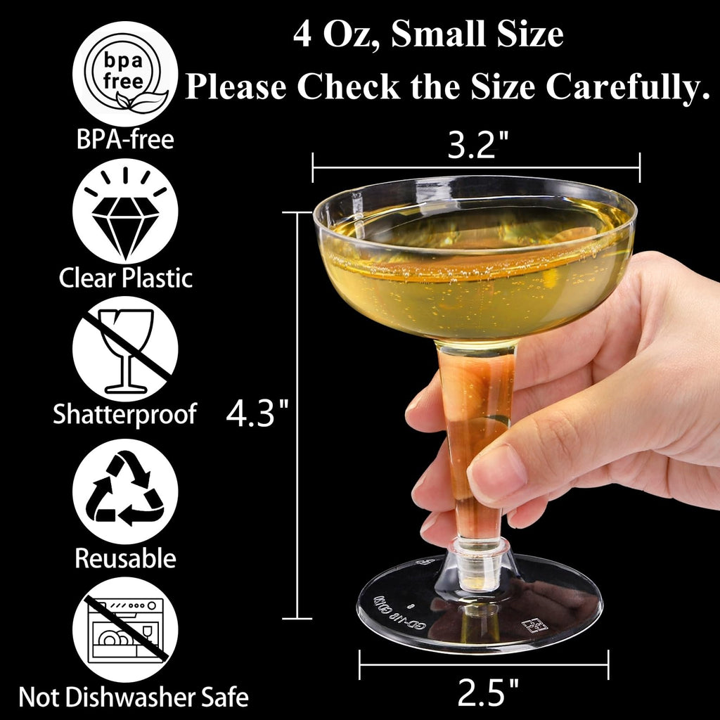 Hacaroa 75 Pack Plastic Champagne Coupe, 4 Oz Champagne Glasses Cocktail Glasses, Disposable Party Stem Cups Dessert Cups for Martini, Margarita, Birthday, Wedding