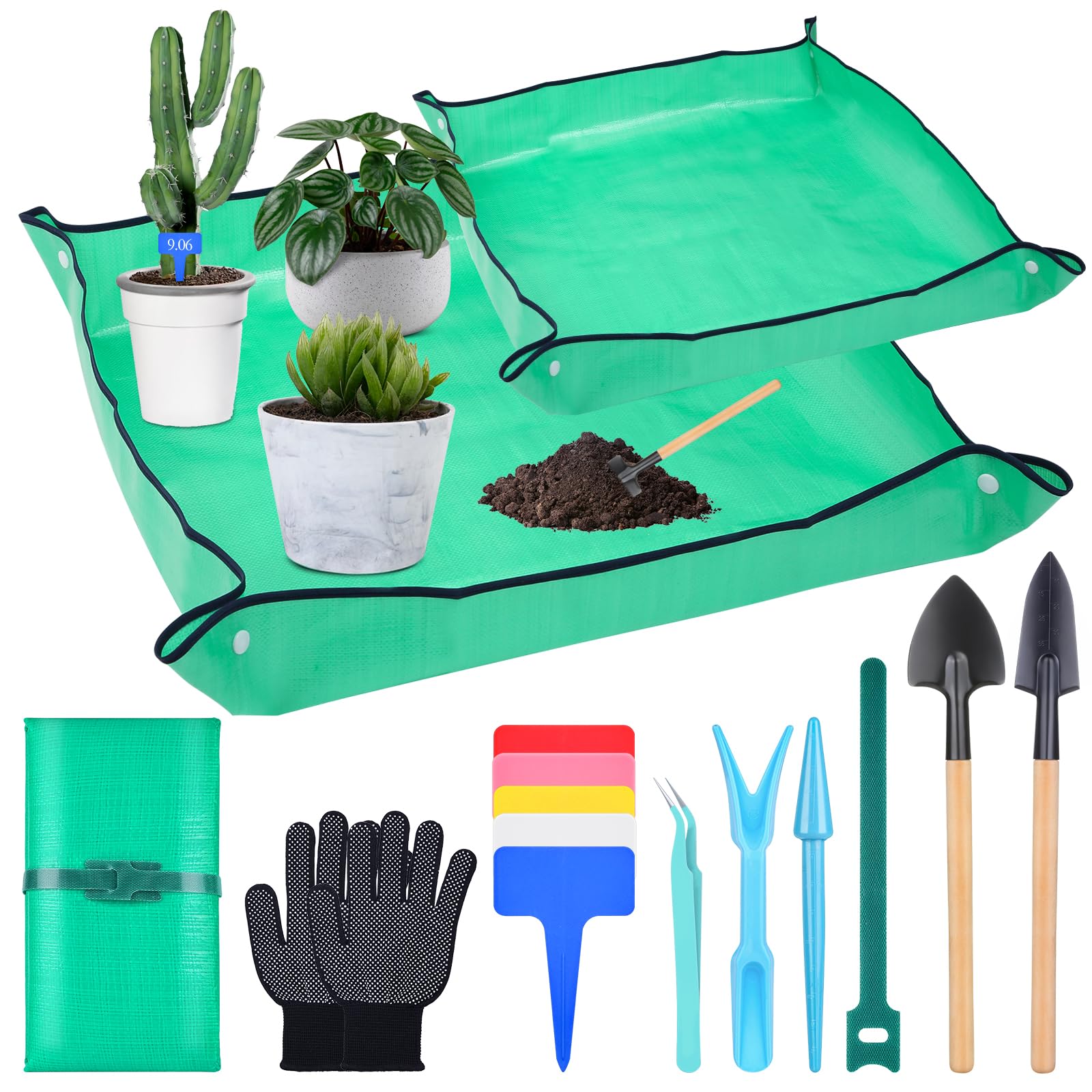 Lucomb 2Pcs Repotting Mat Set, 39''Large & 26''Small Foldable Waterproof Plant Gardening Mats with Accessories, Portable Potting Tray for House Plants Succulents