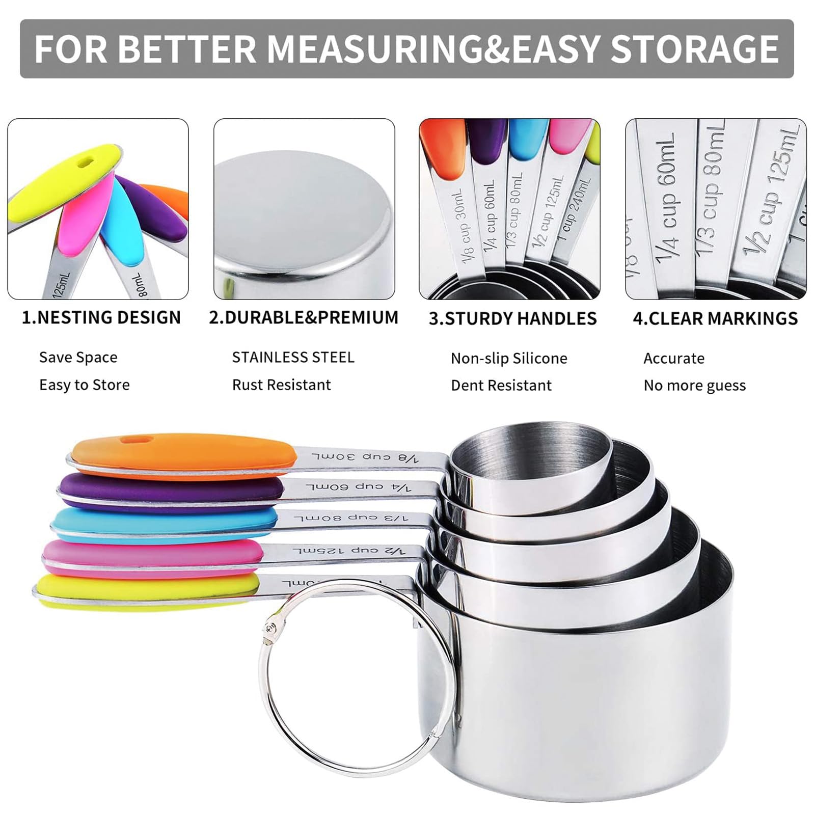 TILUCK Measuring Cups and Magnetic Measuring Spoons Set, Stainless Steel Measuring Cups, 6 Double-Sided Stainless Steel Measuring Spoons & 1 Leveler (5+7)