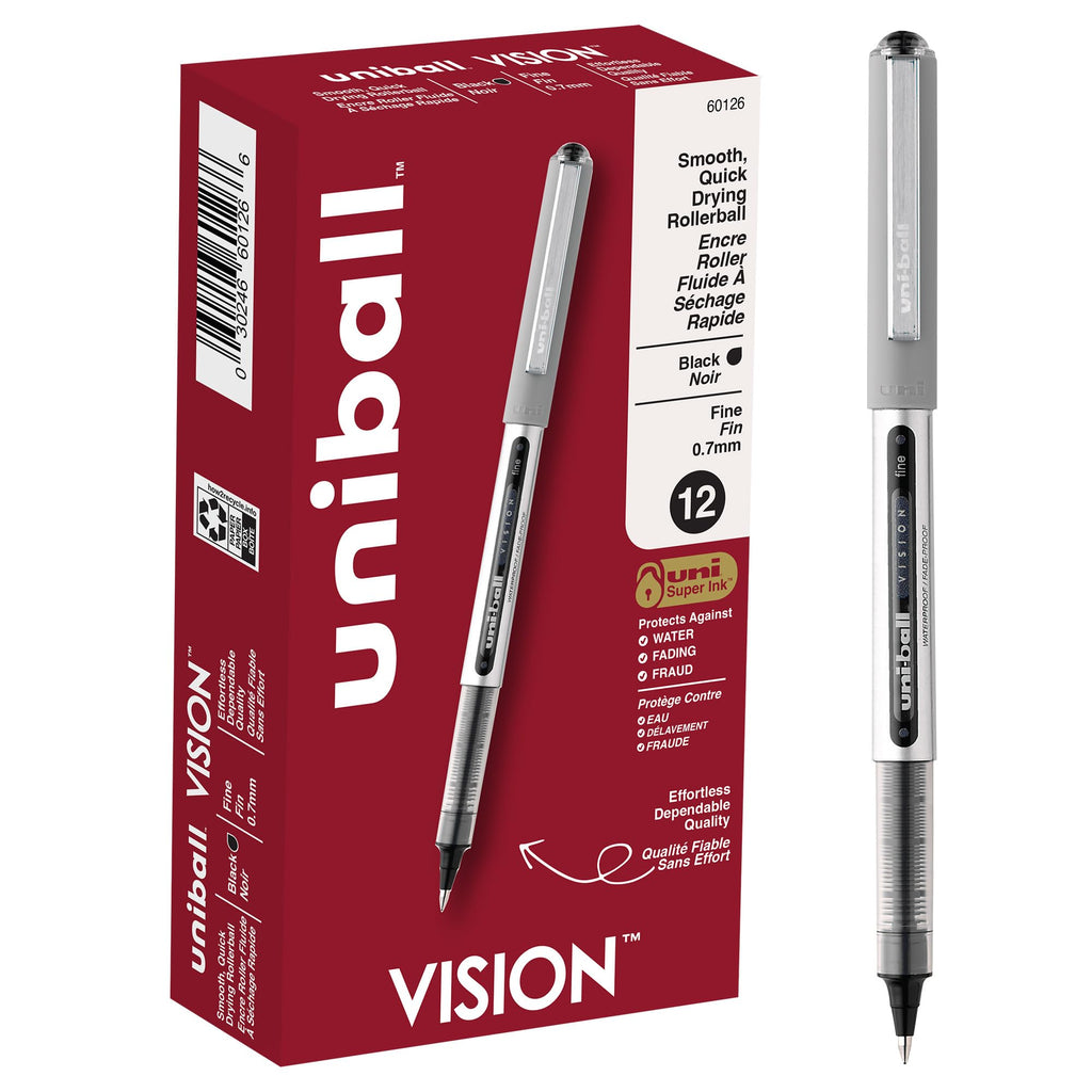 uni-ball VISION Rollerball, Stick Roller Ball Pen Fine-0.7mm, 12 Pack, Black Ink (60126)
