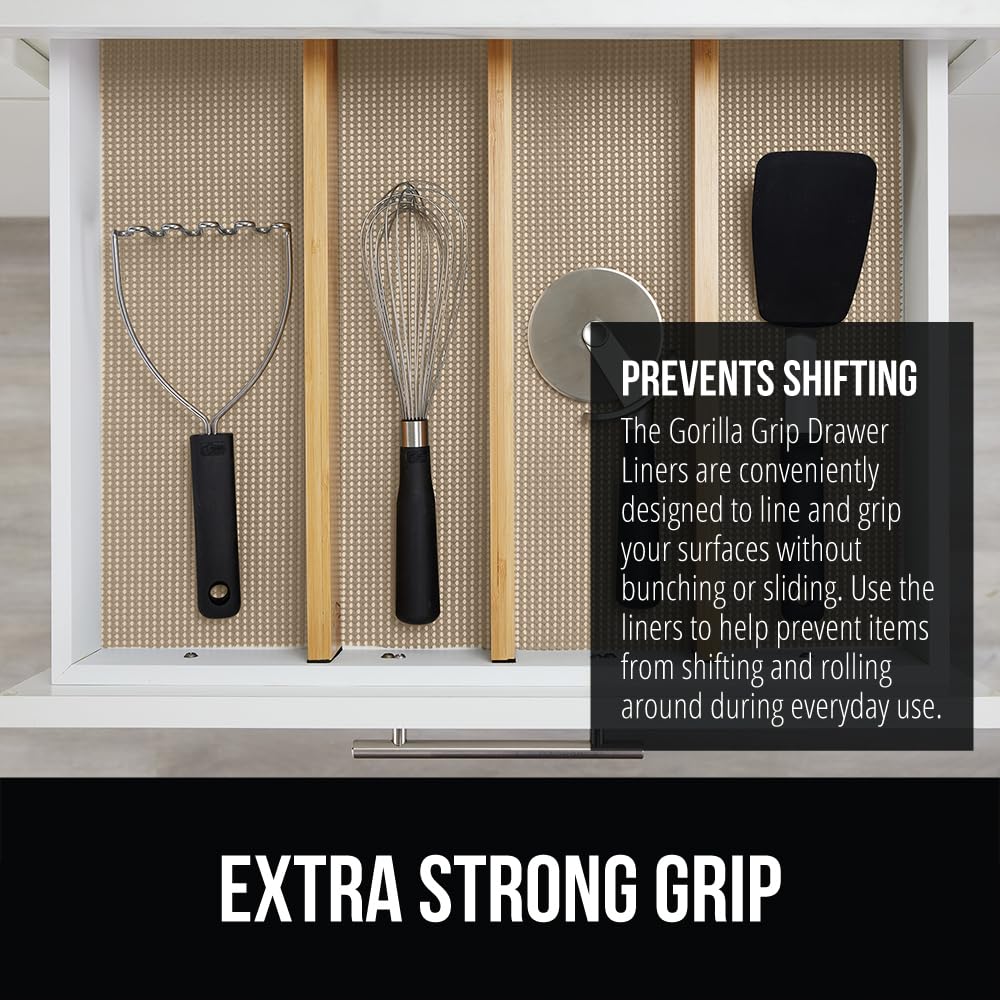 GORILLA GRIP Drawer and Shelf Liner, Strong Grip, Non Adhesive Easiest Install Mat, 12 in x 20 FT, Durable Organization Liners, Kitchen Cabinets Drawers Cupboards, Bathroom Storage Shelves, Beige