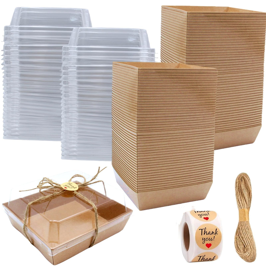 Zentriqlla 100 Pack Charcuterie Boxes with Clear Lids, Disposable Bakery Dessert Containers, Kraft Bakery Box with Twine & Stickers for Sandwich, Snacks, Cakes, Weddings, Strawberries, 5"x5"x2.6"