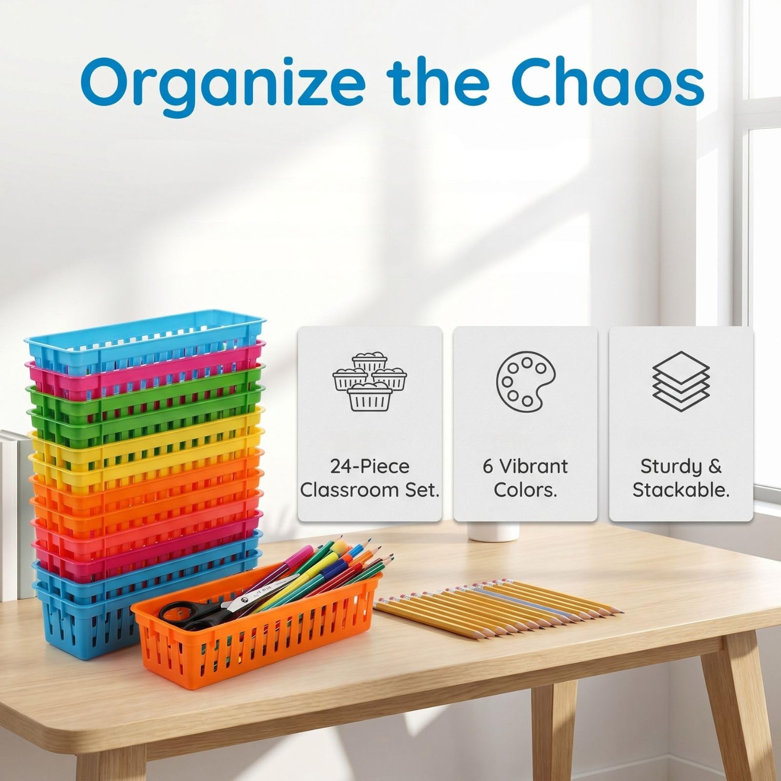 ZEAYEA 24 Pack Classroom Storage Baskets, Classroom Pencil Organizer Baskets for Desk, Drawer, Plastic Pen and Pencil Basket Trays, Crayon Basket for Office Home, 9.3" L x 2.2" W x 2.4" H
