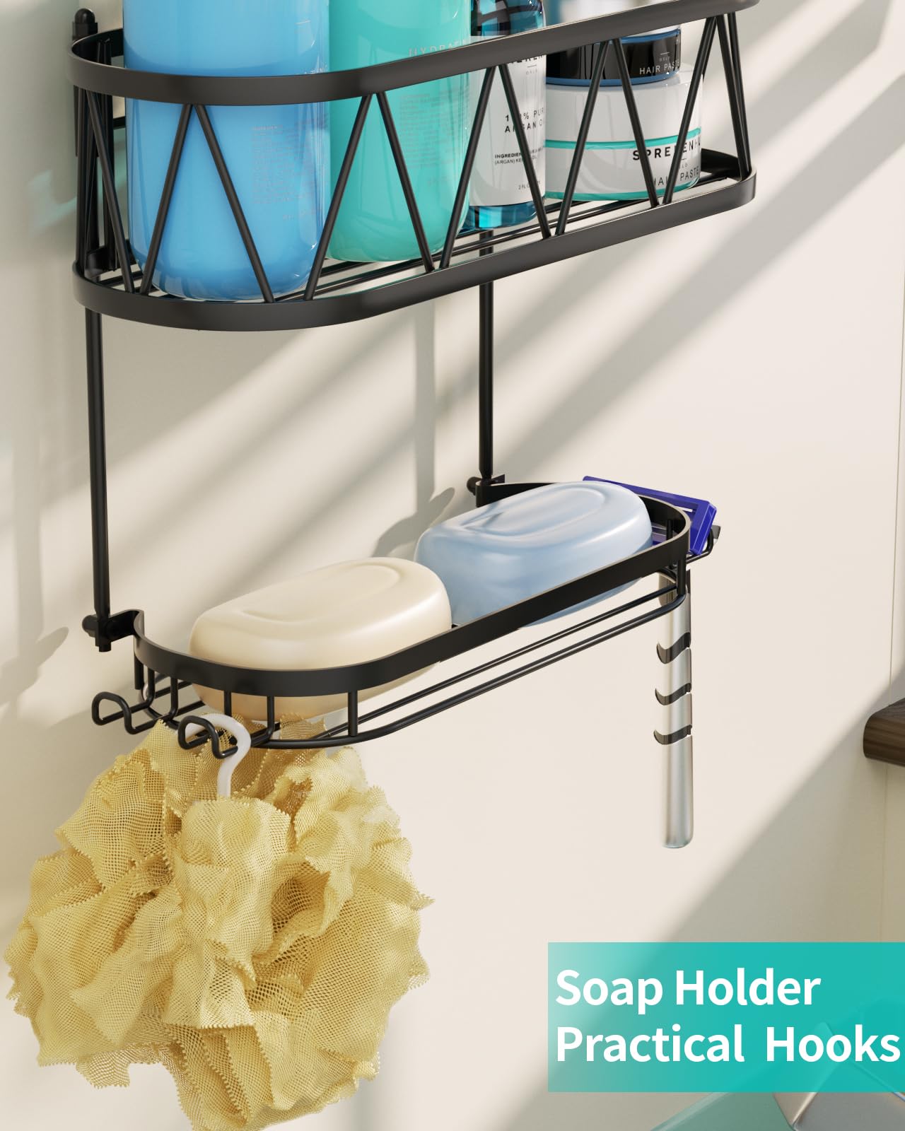 HapiRm Over Head Shower Caddy, Rustproof & Waterproof Shower Caddy Hanging with with Soap Holder & 4 Hooks, No Drilling Bathroom Shelf Organizer Hanging for Shampoo, Soap