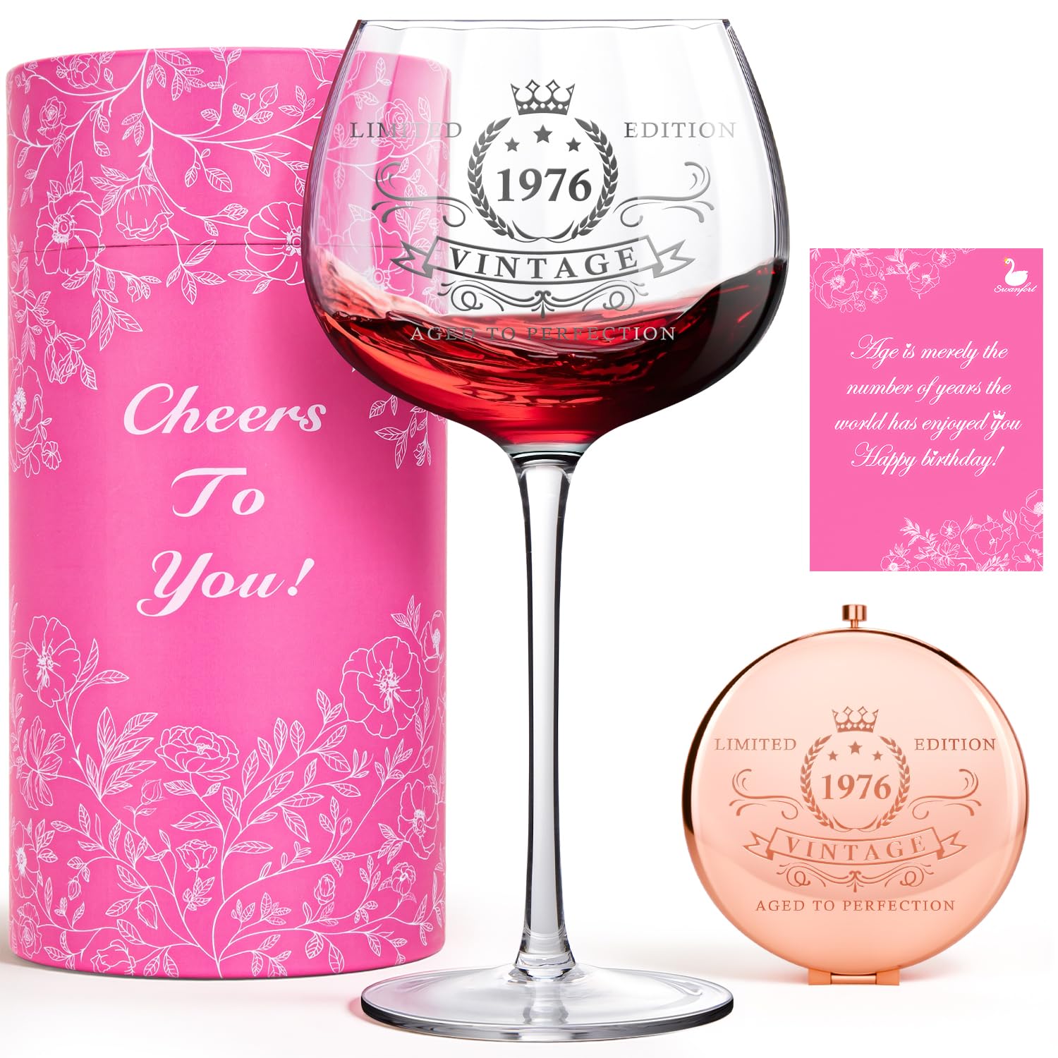 50th Birthday Gifts for Her – 1976 Vintage Wine Glass & Matching Mirror, Elegant Present for Mom, Friend, Daughter, Sister or Wife – Celebrating 50 Years of Love and Life