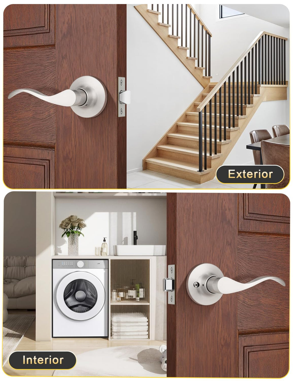 Mengico 1 Pack Satin Nickel Interior Passage Door Knobs, Keyless Door Handle for Hallway & Closet, Wave Style Non-Locking Door Lever Reversible for Left & Right Handed
