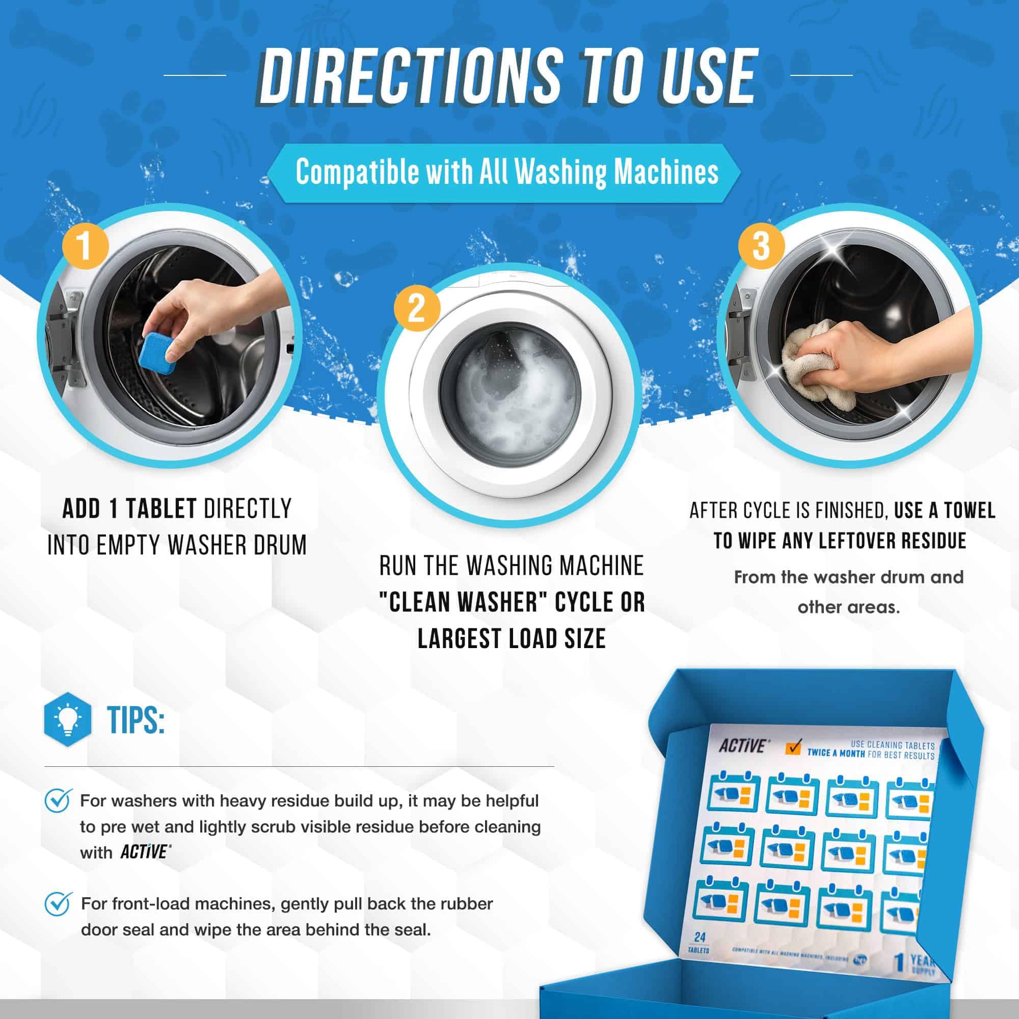 Washing Machine Cleaner for Pet Owners - ACTIVE Enzymatic Deep Clean Descaler for Cat & Dog Hair, Urine, Odor, Residue, 24 Septic-Safe Tablets for Top Load, Front Loader, HE Washer Tub - 1 Year Supply