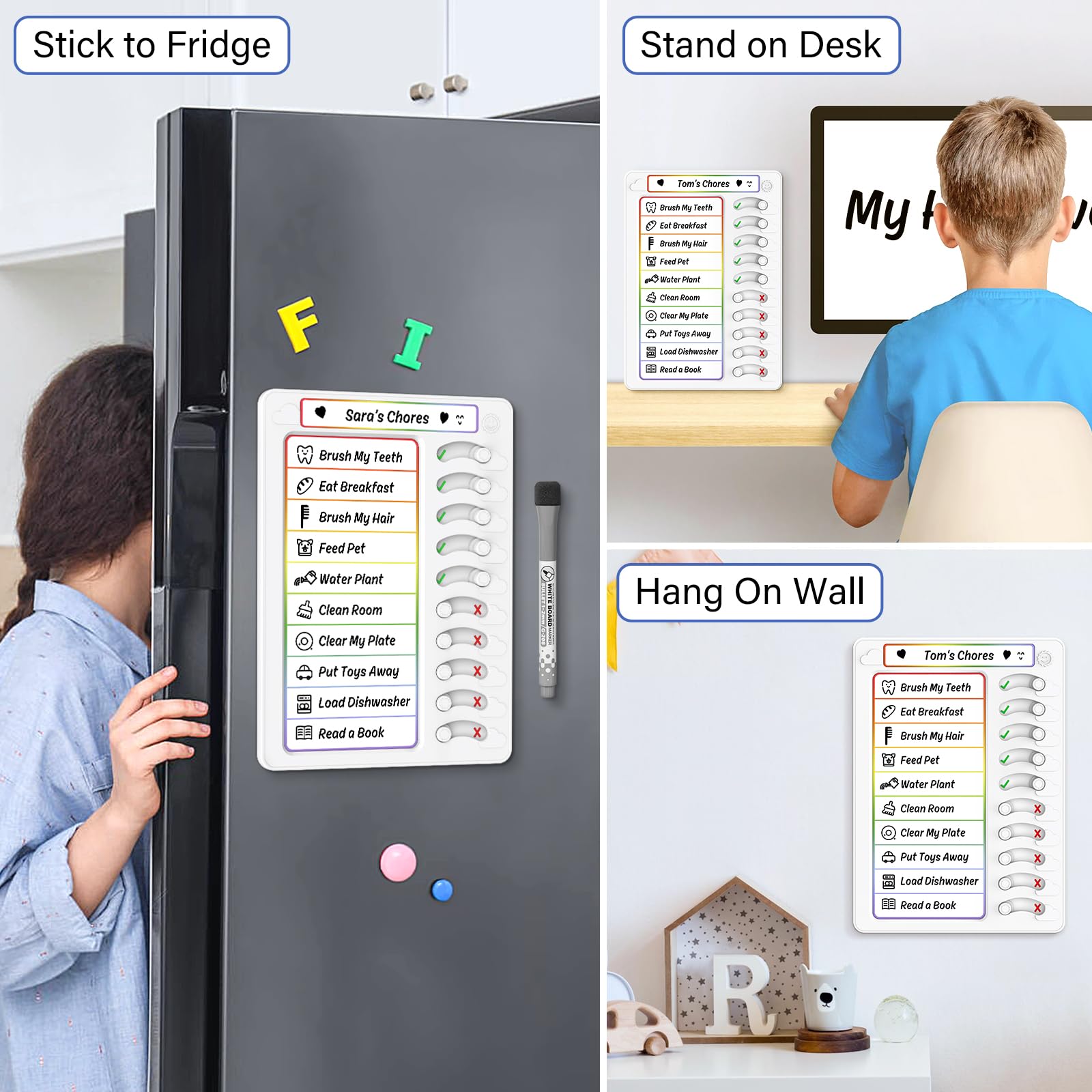 Chore Chart for Kids Dry Erase Chore Board ADHD Tools for Kids to Do List Checklist Task Board Routine Chart Planning Board for Fridge with 10 Sliders and Magnetic Marker, White and Rainbow, 2 Pack