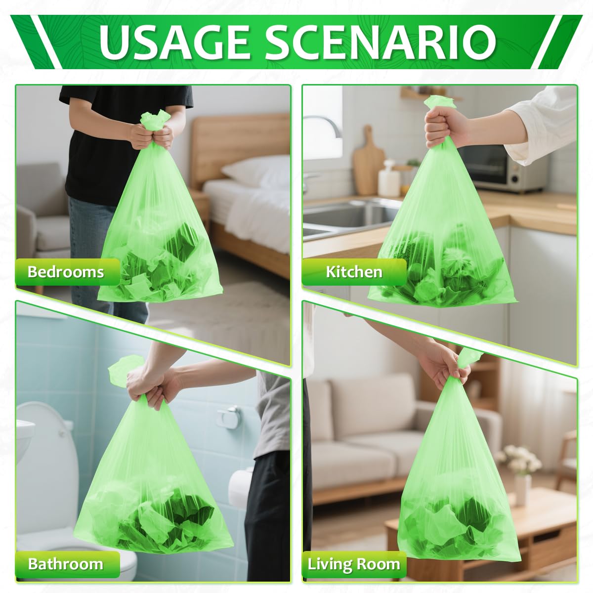 Expspru 4 Gallon Small Garbage Bags 15L Biodegradable Trash Bags - Heavy Duty Compostable Bags for Bathroom, Office, Bedroom, Kitchen, Durable & Leak-Proof, 120 Count Green