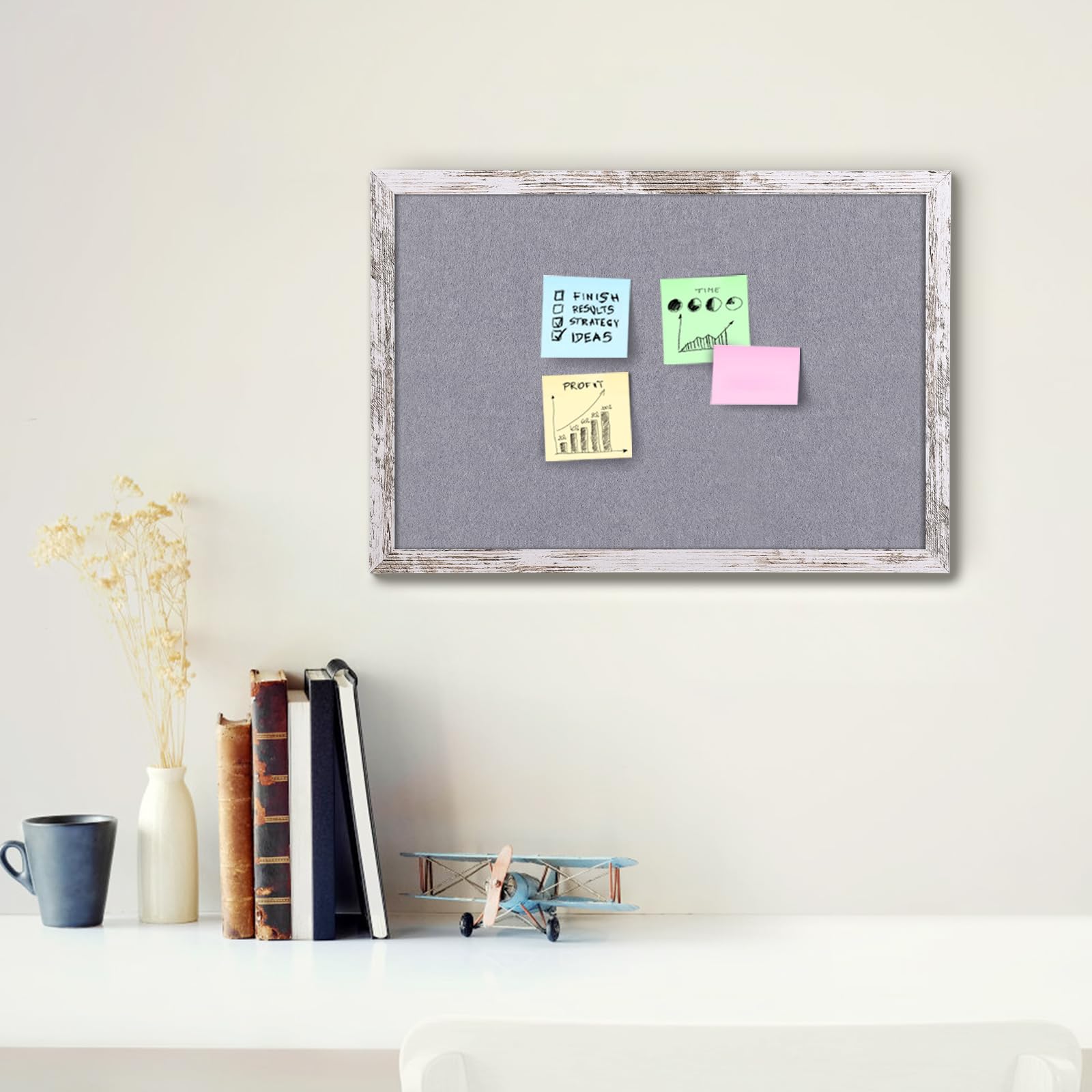 Aitakatta Gray Felt Cork Board Bulletin Board, Decorative Hanging Cork Boards for Walls with White Rustic Wood Frame, Pin Board Vision Board for Office Home and School with Pins, Screws (4060,WH,1pc)
