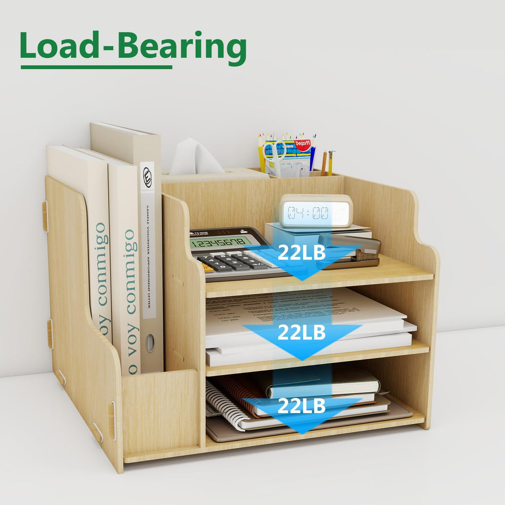 PUNCIA 3-Tier Desktop File Organizer Multifunctional File Rack with Horizontal File Sorter A4 Letter Paper Tray Organizers & 2 Pen Holders Mail Document Magazine File Holder for Desk Office Supplies