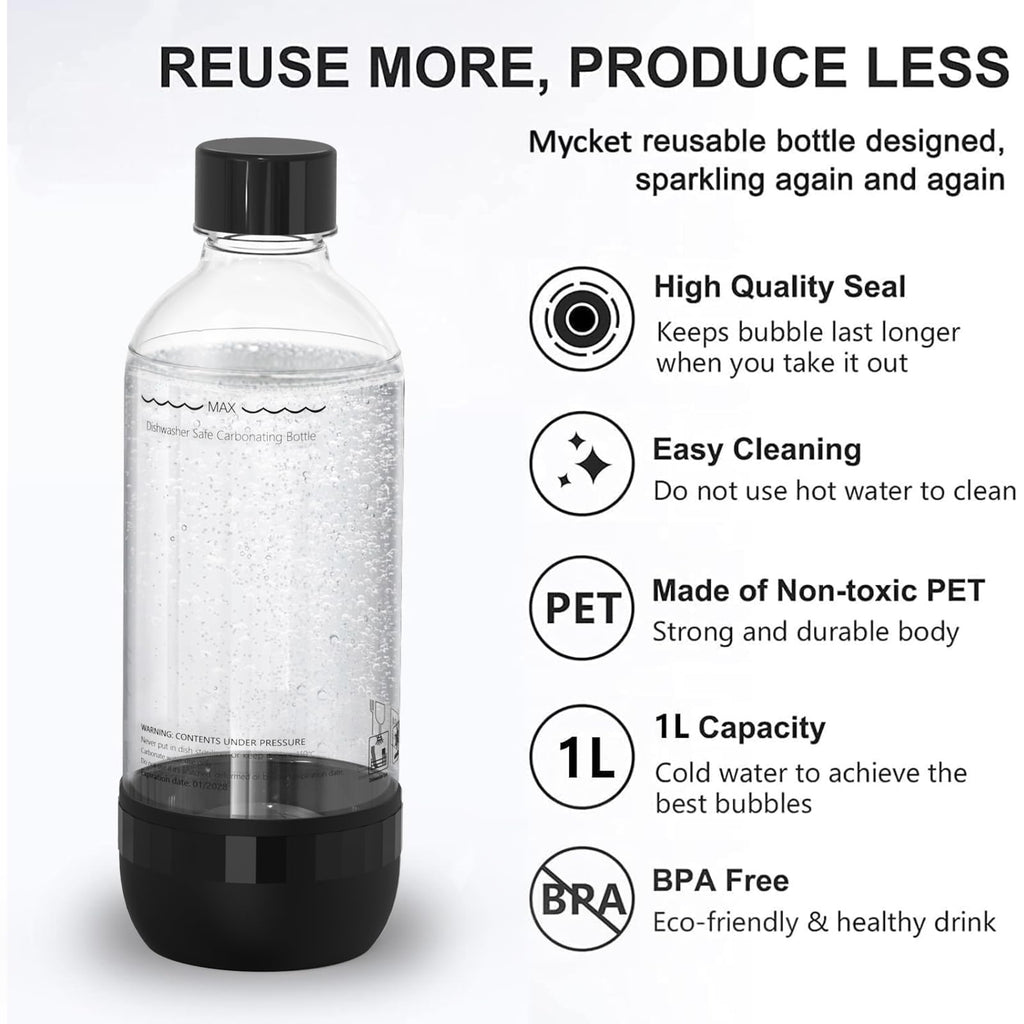 Mycket Soda Maker Bottles, 2 Pack Dishwasher-Safe Bottles for Water Carbonation Bottles, 1 Litre BPA Free Reusable PET Sparkling Water Bottles for Soda Machine, Black