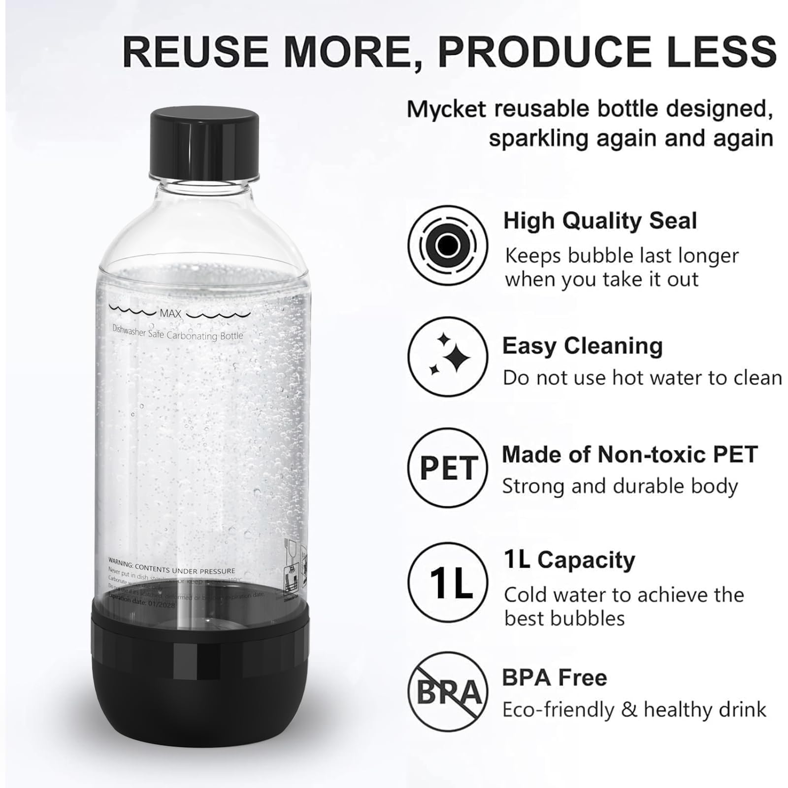 Mycket Soda Maker Bottles, 2 Pack Dishwasher-Safe Bottles for Water Carbonation Bottles, 1 Litre BPA Free Reusable PET Sparkling Water Bottles for Soda Machine, Black