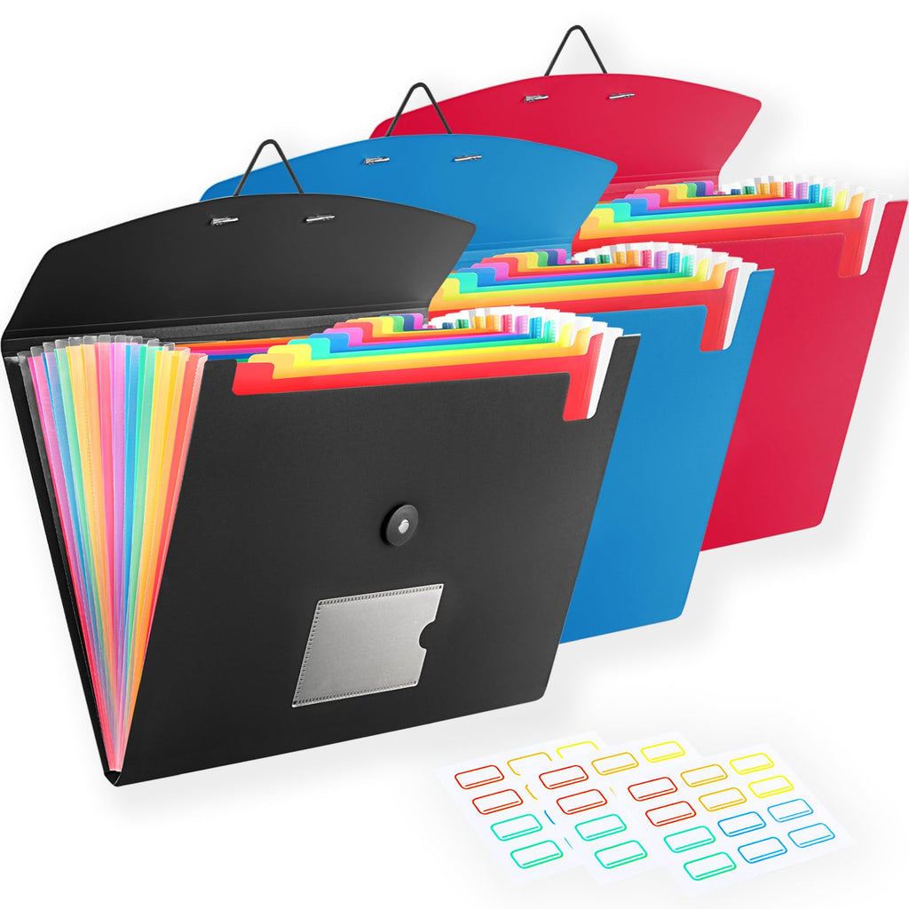 3 Pack Accordion File Organizer with Elastic Closure, 13 Pocket Expanding File Folder for Letter Size A4 Papers, Ideal for Home, Office Supplies, College Essentials