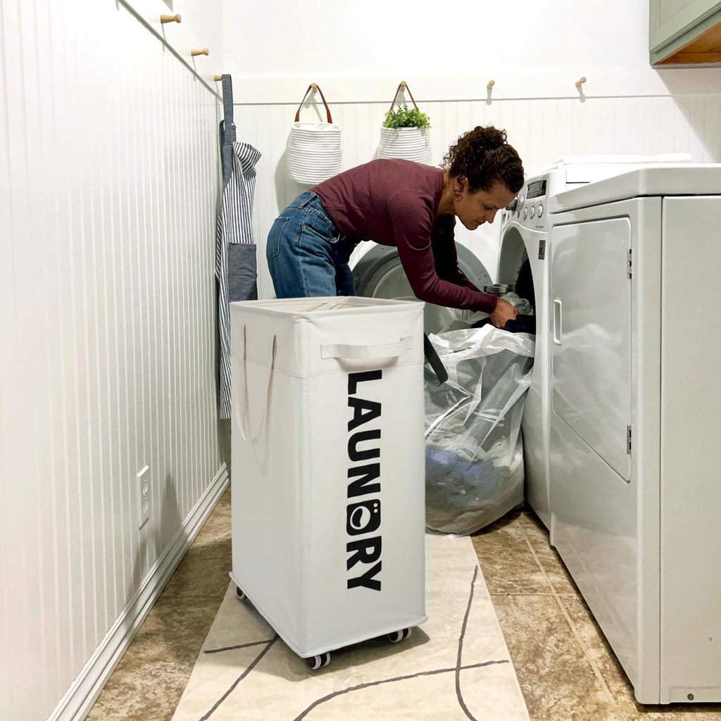 Goodpick Laundry Hamper with Wheels, 75L Collapsible Laundry Basket Organizer, Clothes Hamper with Removable Wash Bag for Bedroom, Large Laundry Basket with Handle, White