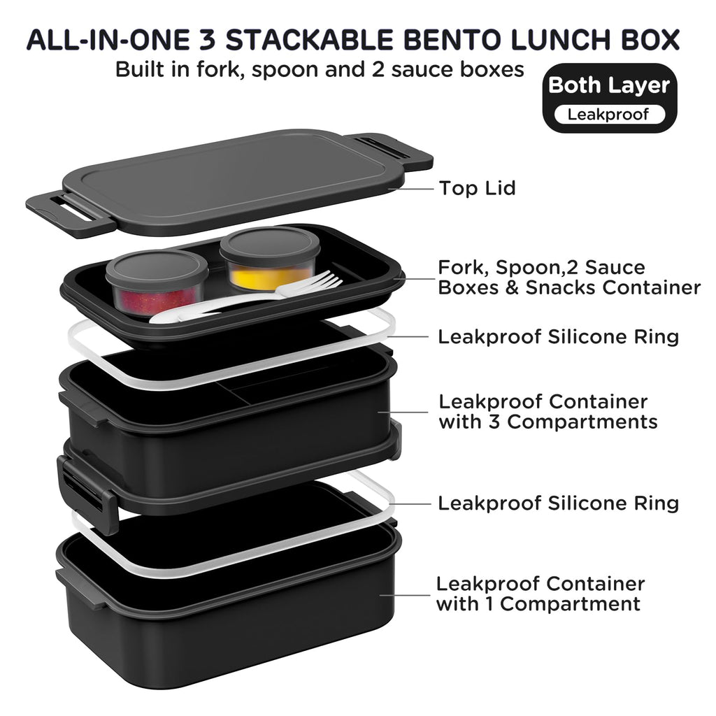 JSCARES Lunch Box Adults Bento Box - All-in-One Stackable 74 OZ Lunch Containers for Adult Large Bento Containers with Fork Spoon Sauce Boxes, Leakproof Lunchbox for Work School Dining Out (Black)