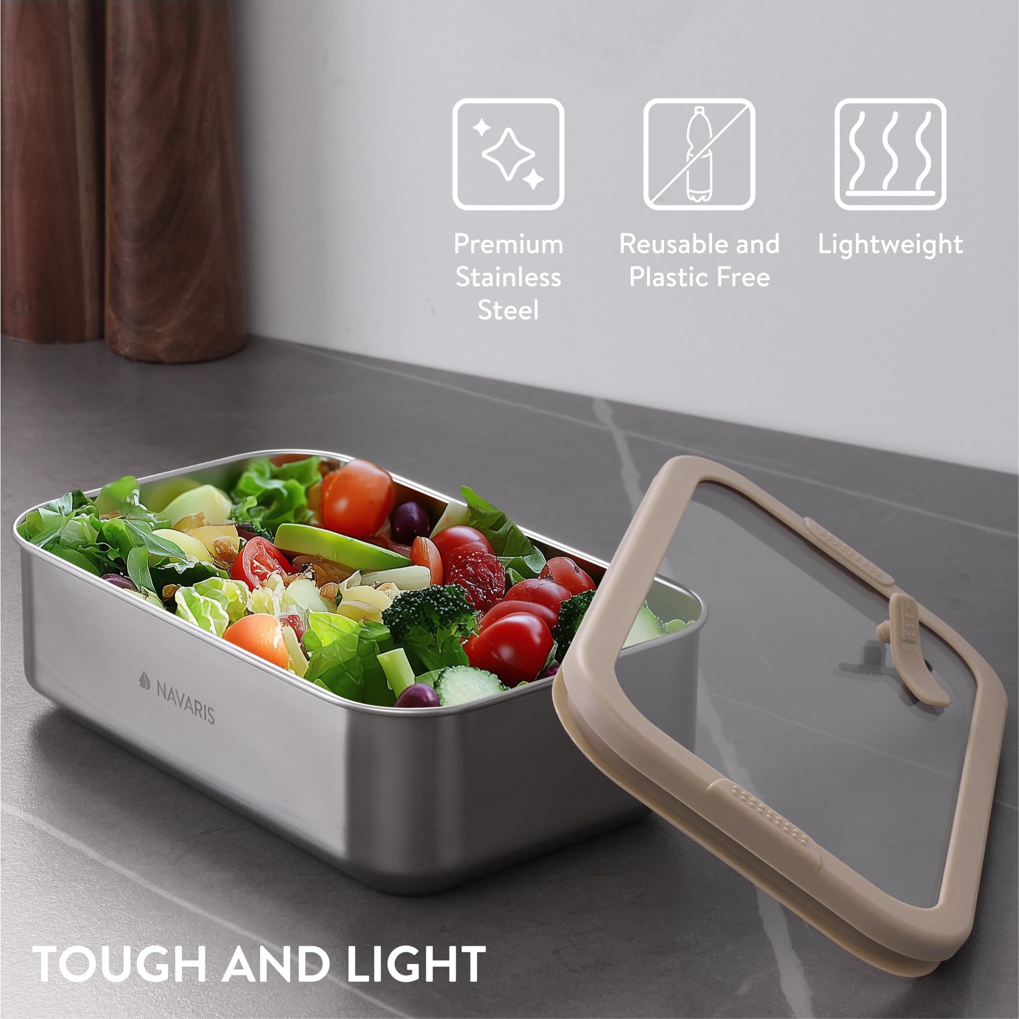 Navaris Microwave-Safe Steel Lunch Box - Microwavable & Reusable Stainless Steel Bento Box - Light & Durable - Lunch or Snack Container Bento Box and Food Storage - Set of 2 Brown