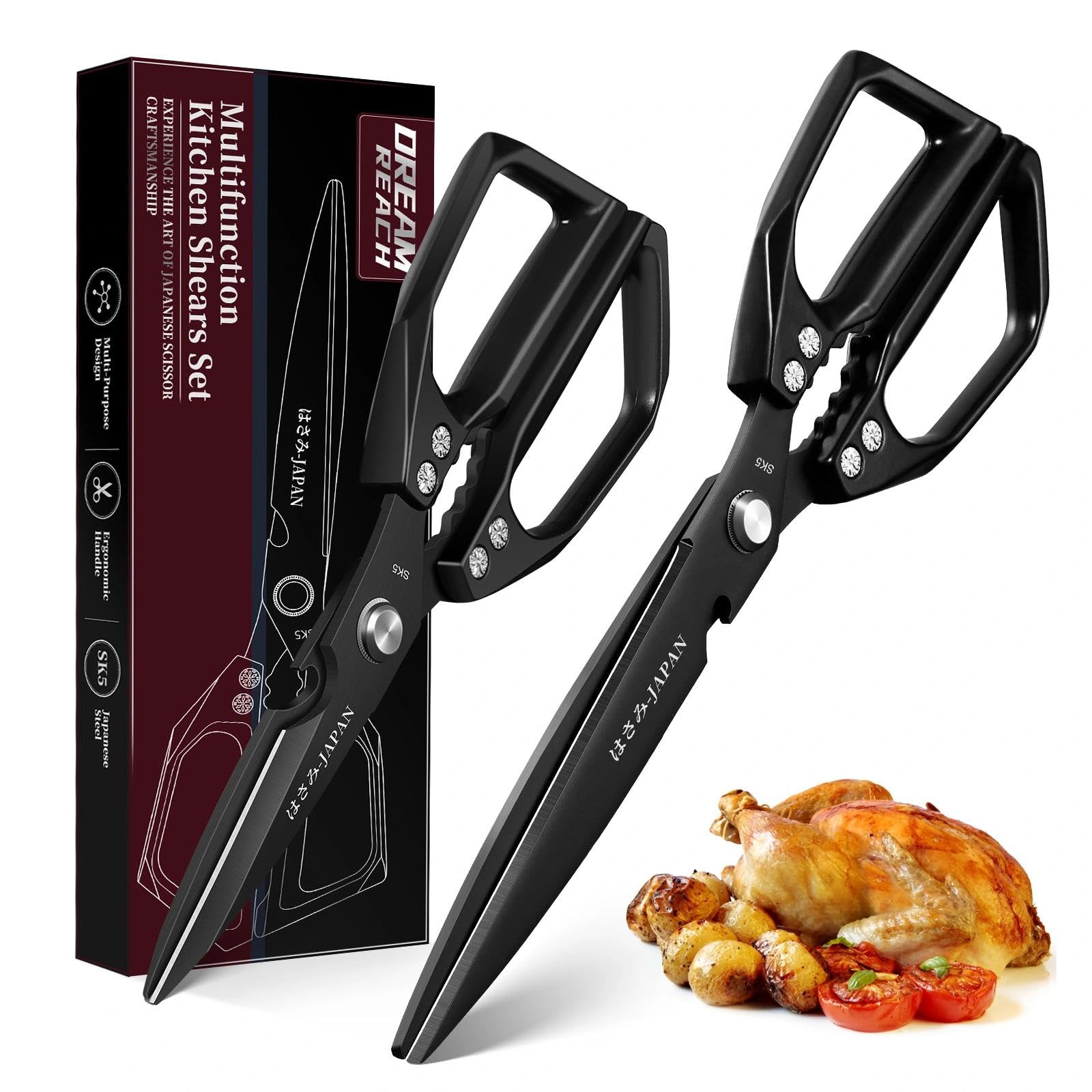 Dream Reach Kitchen Scissors Set Black - Upgraded Stainless Steel Kitchen Shear, Sharp Meat Scissors, Heavy Duty Poultry Shears, Japanese Cooking Scissor for Food, Chicken Bones, and Turkey,
