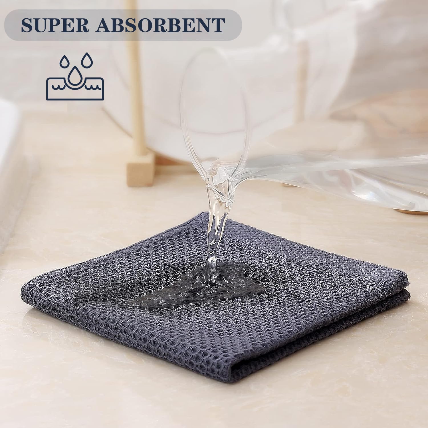 HYER KITCHEN 100% Cotton Waffle Weave Kitchen Dish Towels, Super Soft Absorbent Quick Drying Cleaning Towel, 13x28 Inches, 4-Pack, Dark Grey