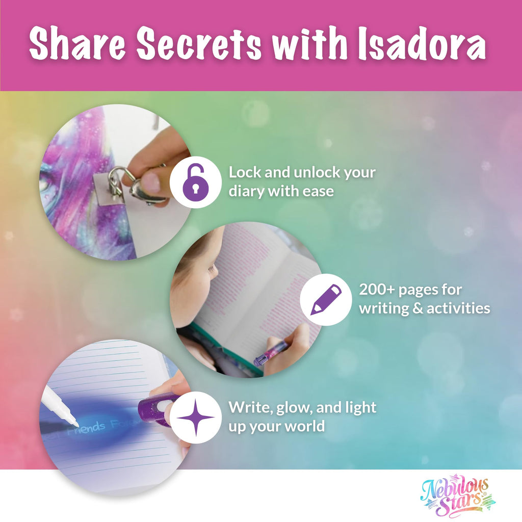 Nebulous Stars Secret Journal - Lockable Diary for Girls with Magic Invisible Ink Pen, 200 Pages, Fun Activities, Stickers, and Light-Up Cap - Isadora