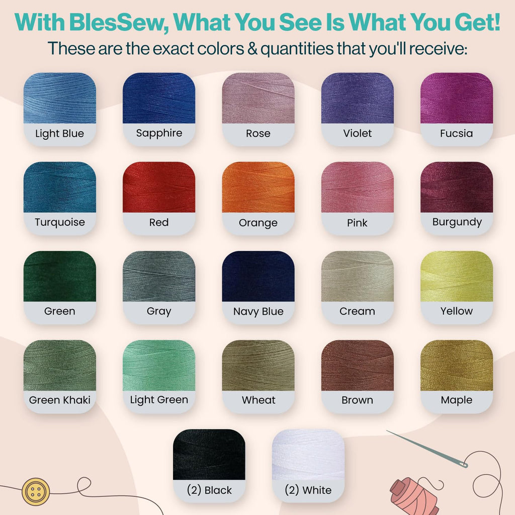 BlesSew Sewing Machine Thread – 24 Spools, 1000 Yards Each – All Purpose Polyester Thread Set, 22 Colors + Black & White – Thread for Sewing Machine, Ideal for Beginners, Quilting & Repairs