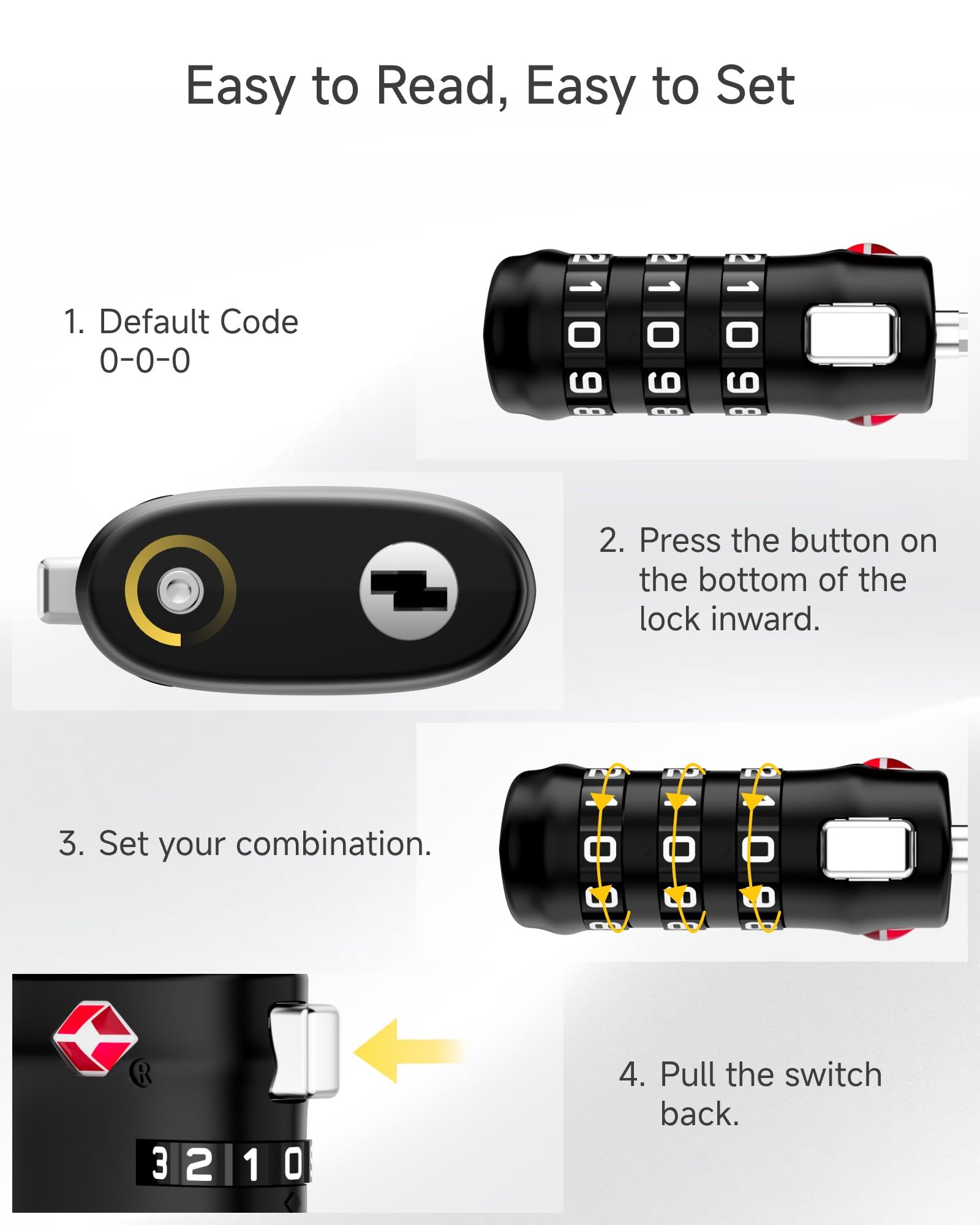 LUGGEX TSA Locks for Luggage, Luggage Lock, Suitcases Locks TSA Approved, Durable & Ease of Use (Black, 4 Pack)